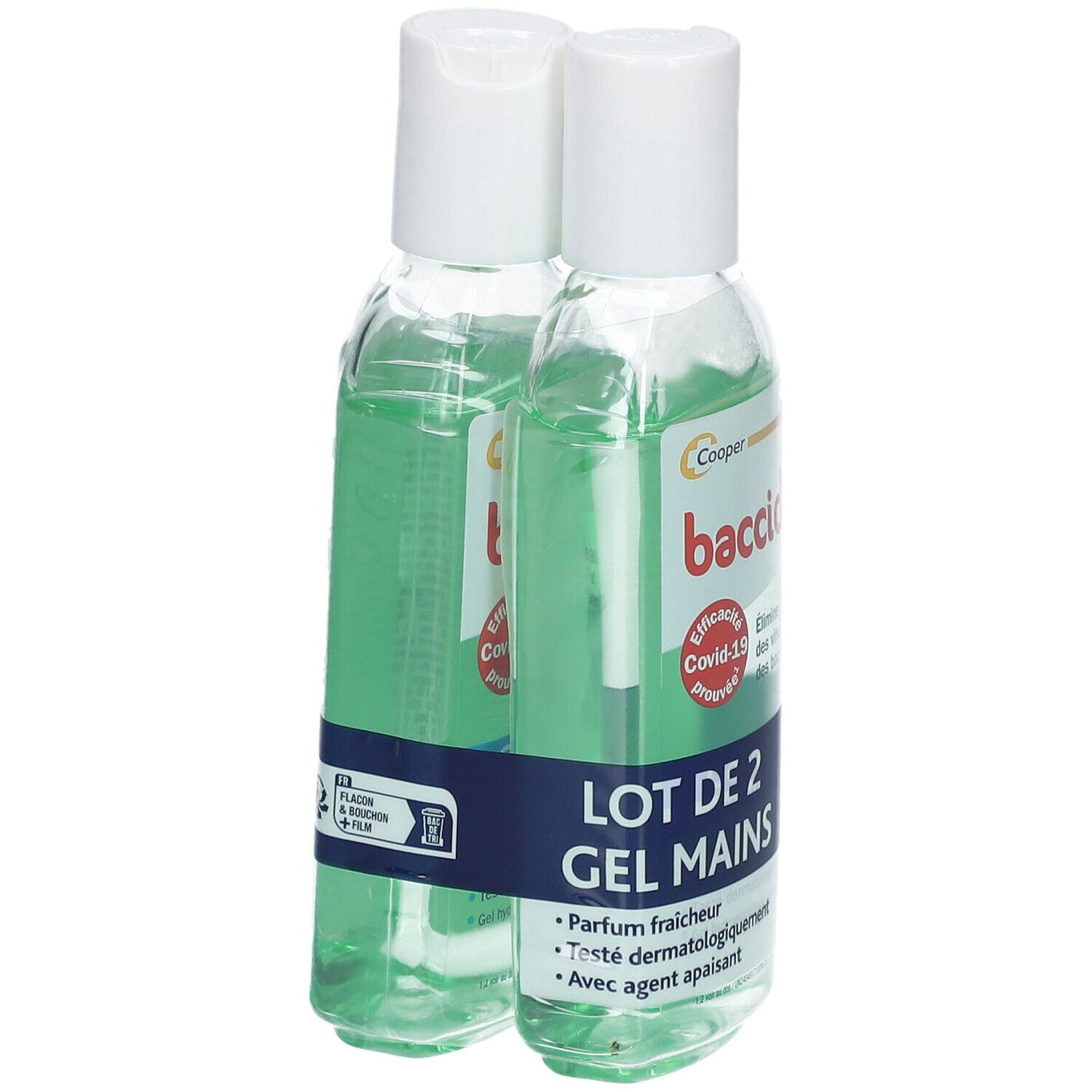 Deux flacons de gel hydroalcoolique emballés. Liquide vert, bouchon blanc. Inscription: baccide.