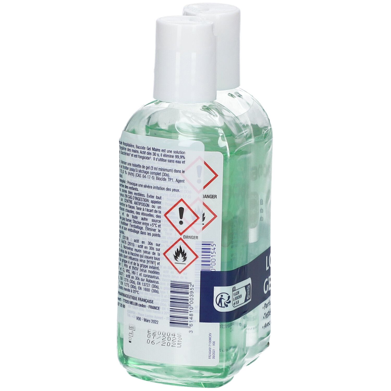 Deux flacons de gel hydroalcoolique. Dos avec avertissements et ingrédients. Liquide vert, bouchon blanc.