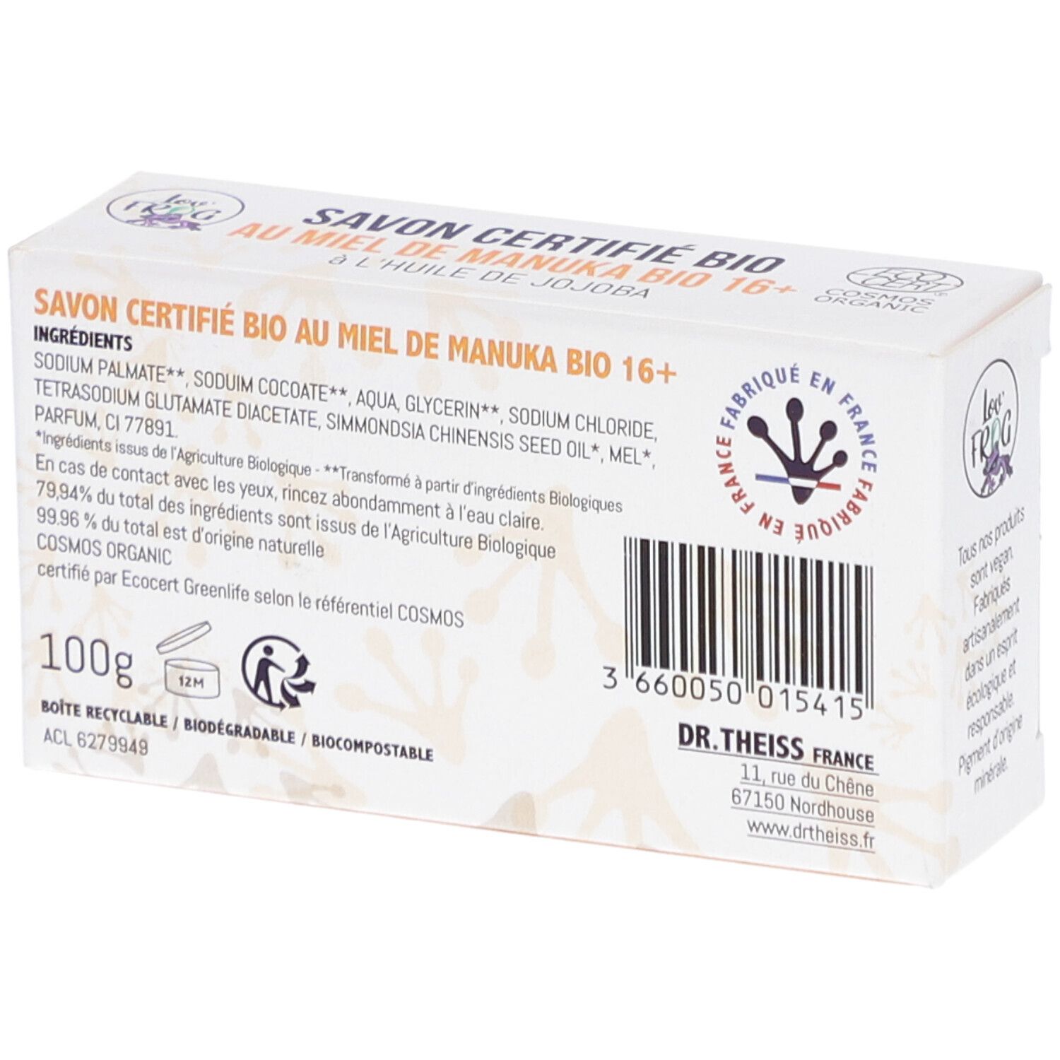 Dos de l'emballage du savon. Texte: Savon Certifié Bio au Miel de Manuka Bio 16+. Ingrédients, adresse du fabricant, logo de recyclage.