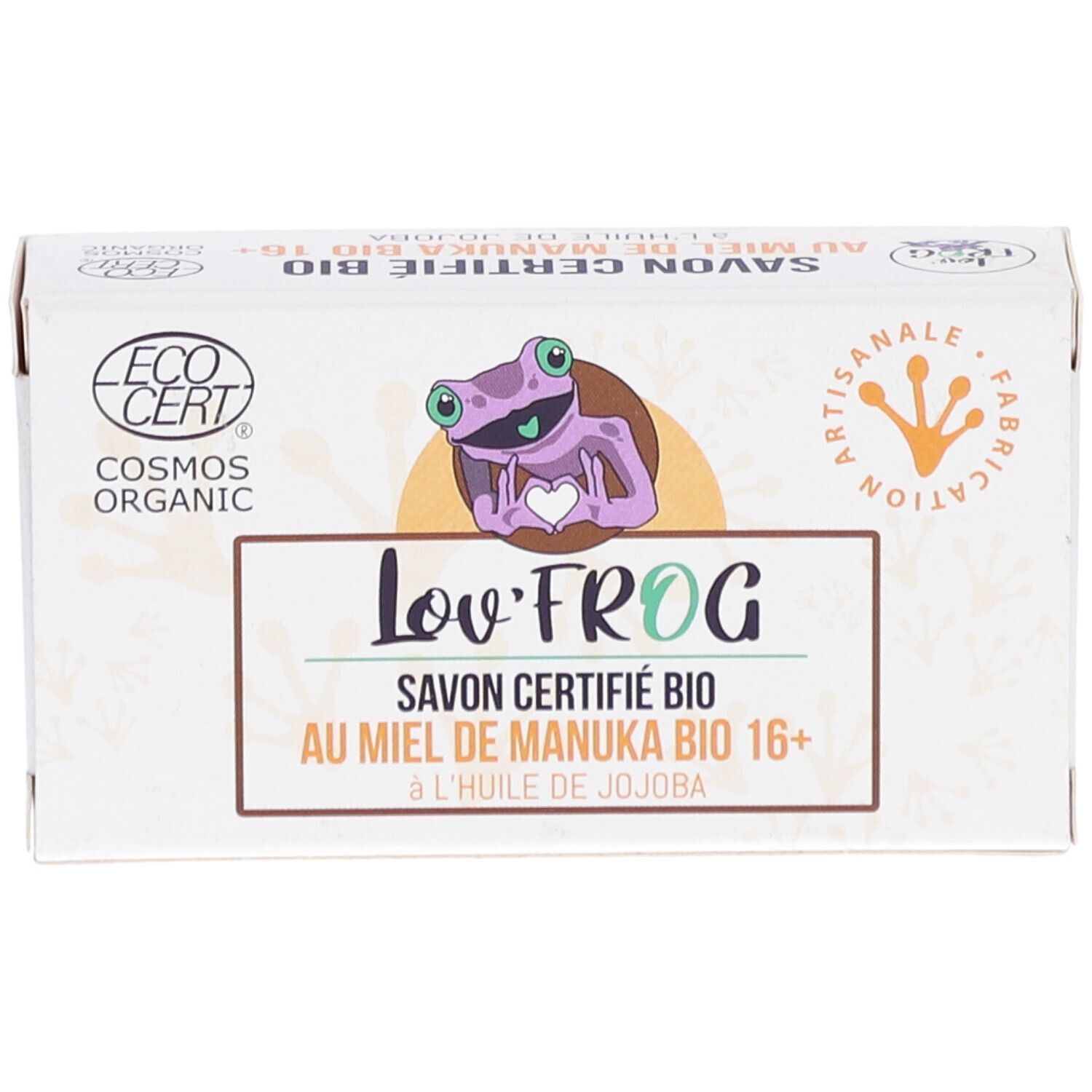 Emballage de savon avec logo et illustration de grenouille. Texte: Savon Certifié Bio au Miel de Manuka Bio 16+. Logo ECOCERT.