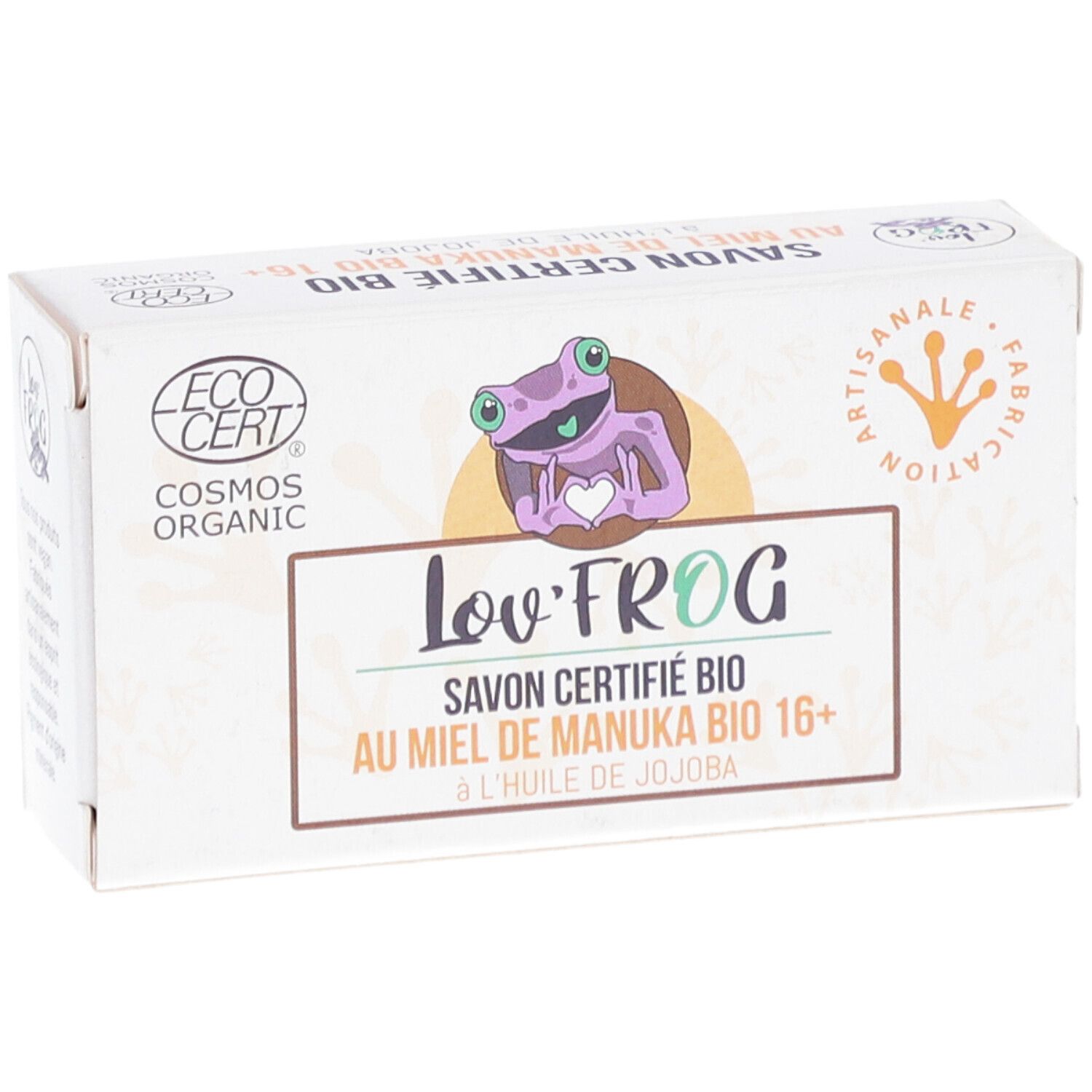 Emballage de savon avec logo et illustration de grenouille. Texte: Savon Certifié Bio au Miel de Manuka Bio 16+. Logo ECOCERT.