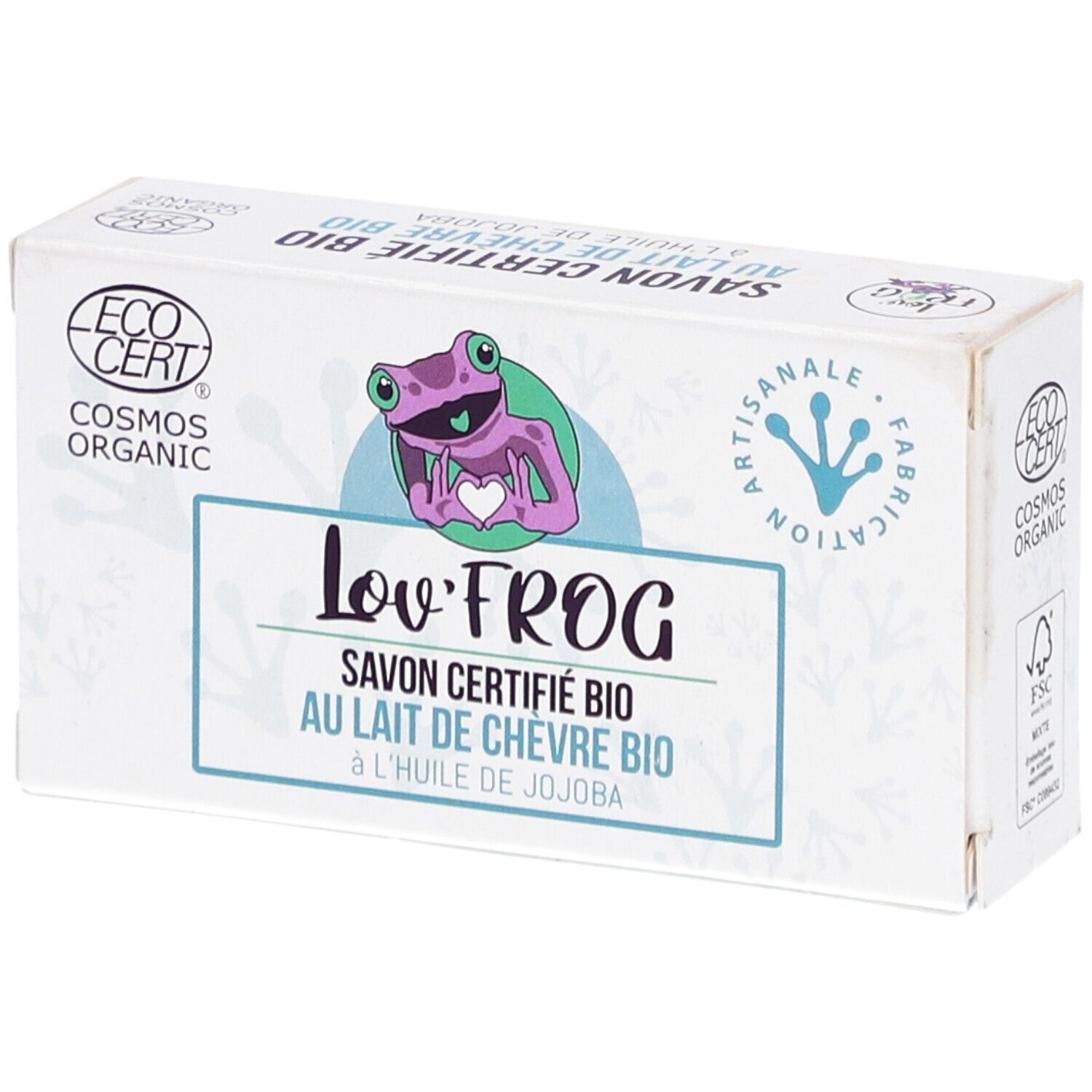 Weißer Karton mit Lov'Frog-Logo, Frosch-Illustration und Text: Savon Certifié Bio au Lait de Chèvre Bio.