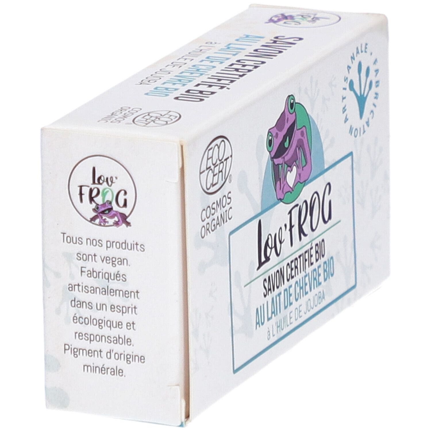 Weißer Karton mit Lov'Frog-Logo, Frosch-Illustration und Text: Savon Certifié Bio au Lait de Chèvre Bio. EcoCert-Logo.