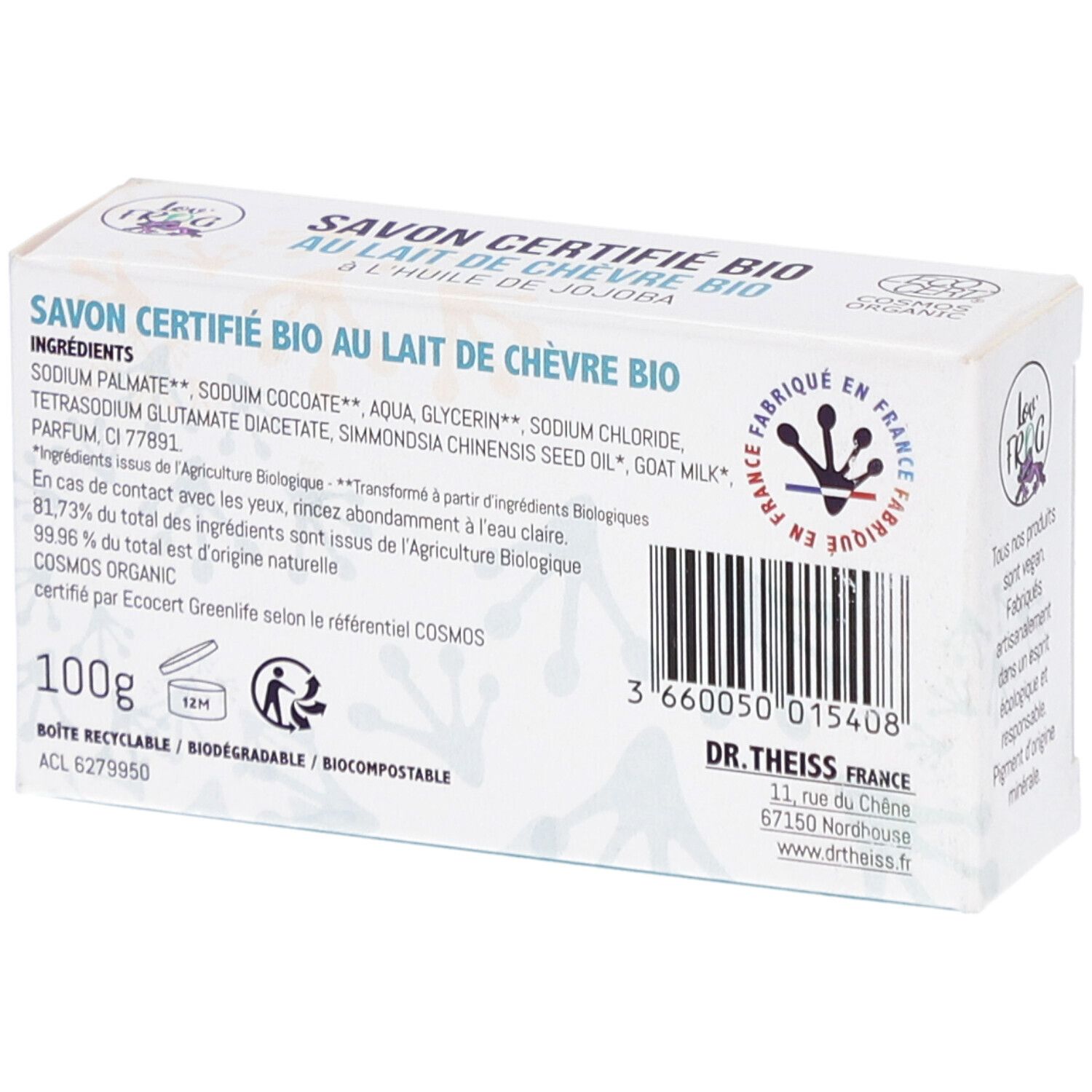 Rückseite des weißen Kartons mit Inhaltsstoffen, Barcode, Herstelleradresse und Text: Savon Certifié Bio au Lait de Chèvre Bio.