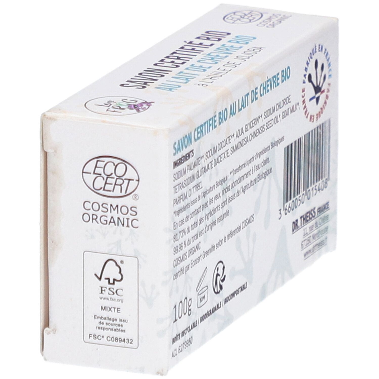 Weißer Karton mit EcoCert-Logo, FSC-Logo und Text: Savon Certifié Bio au Lait de Chèvre Bio. 100g.