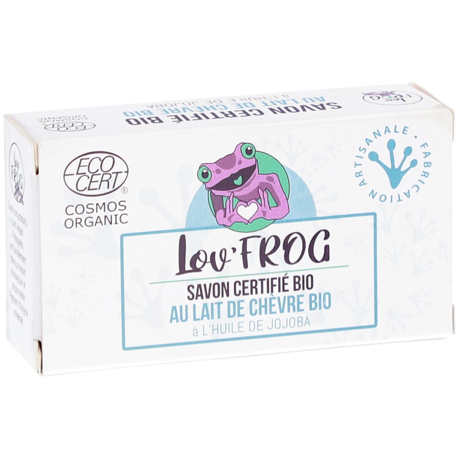 Weißer Karton mit Lov'Frog-Logo, Frosch-Illustration und Text: Savon Certifié Bio au Lait de Chèvre Bio. EcoCert-Logo.