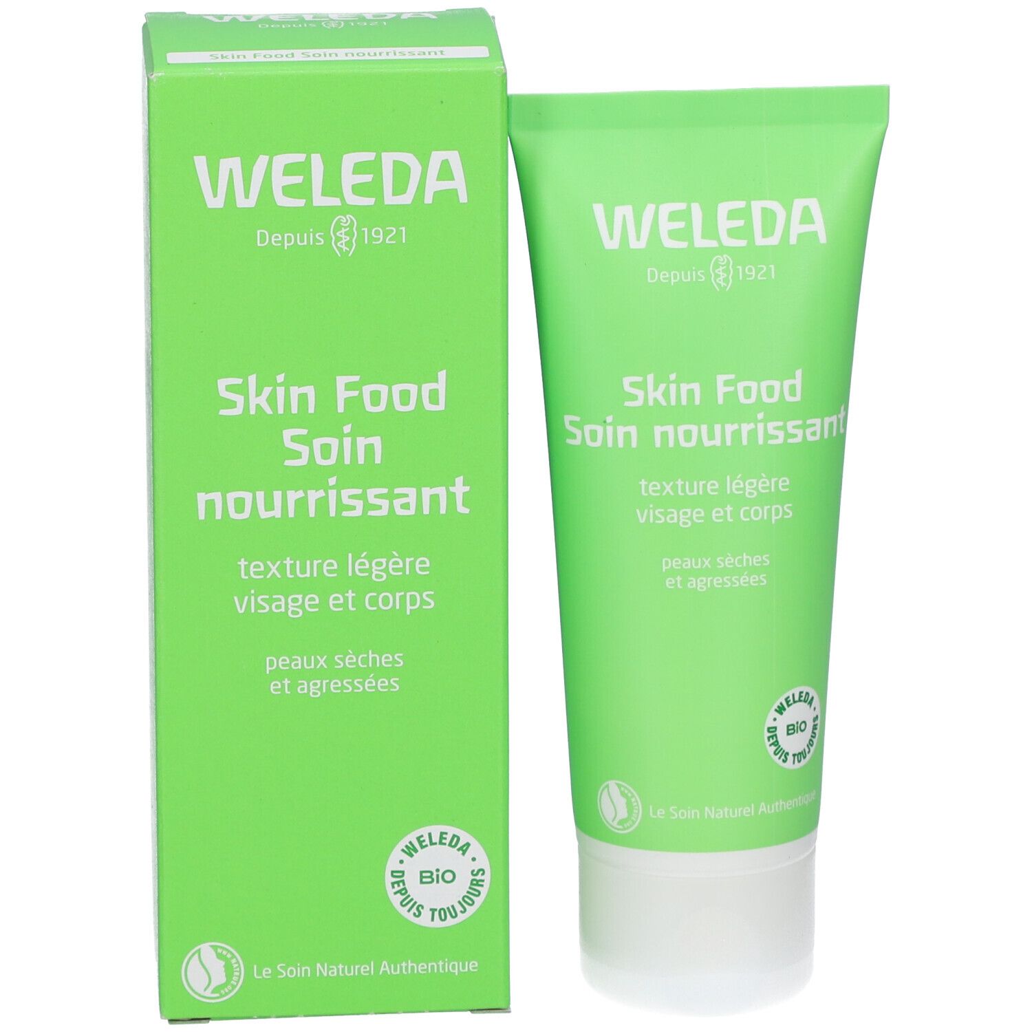 Boîte et tube verts. Inscription: WELEDA, Skin Food, Soin nourrissant, texture légère, visage et corps. Label bio.