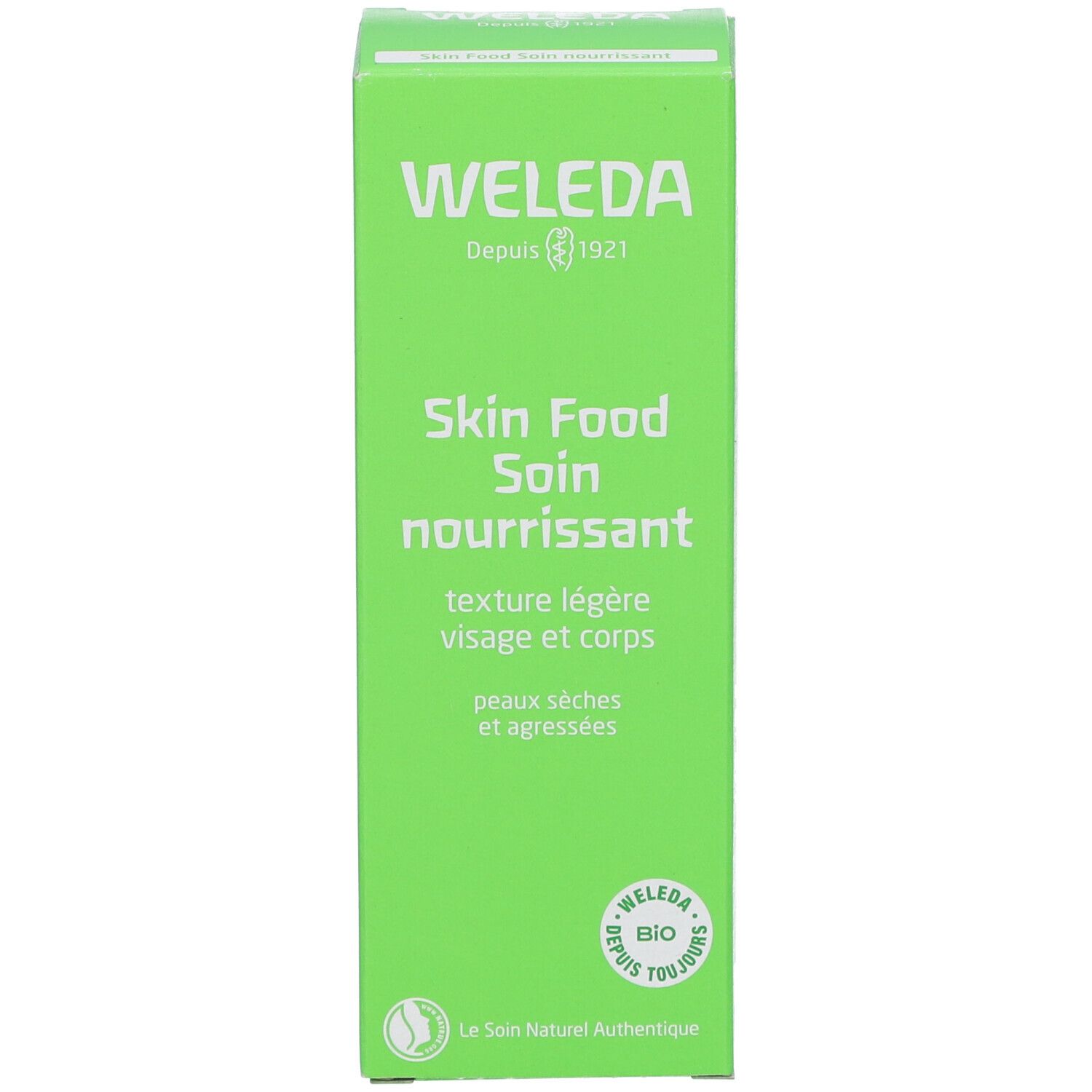 Boîte verte. Inscription: WELEDA, Skin Food, Soin nourrissant, texture légère, visage et corps. Label bio.