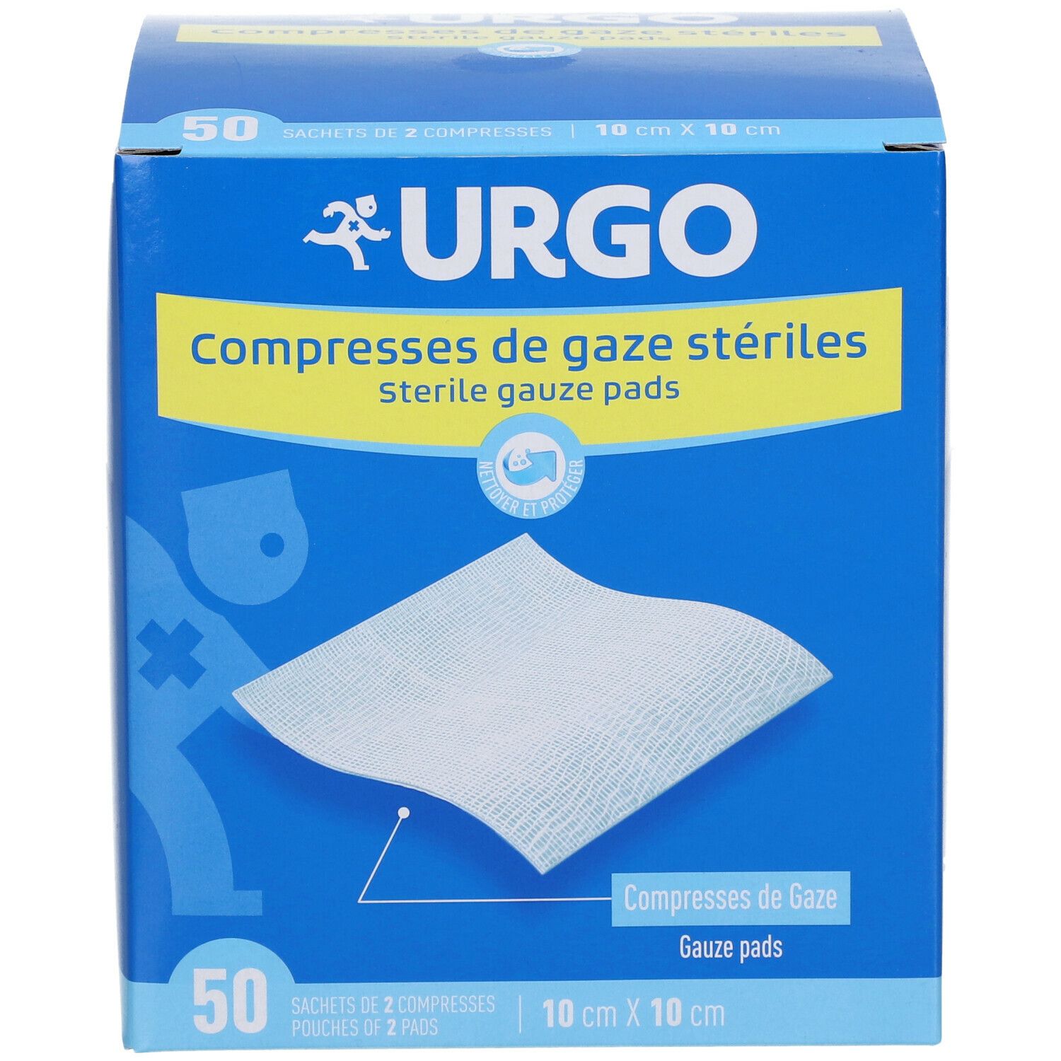 Boîte bleue URGO. Compresses de gaze stériles. 50 compresses, 10 cm x 10 cm. Une compresse de gaze est visible.