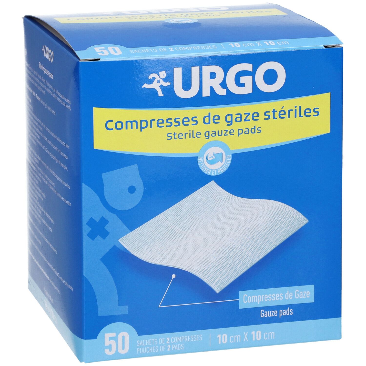 Boîte bleue URGO. Compresses de gaze stériles. 50 compresses, 10 cm x 10 cm. Une compresse de gaze est visible.