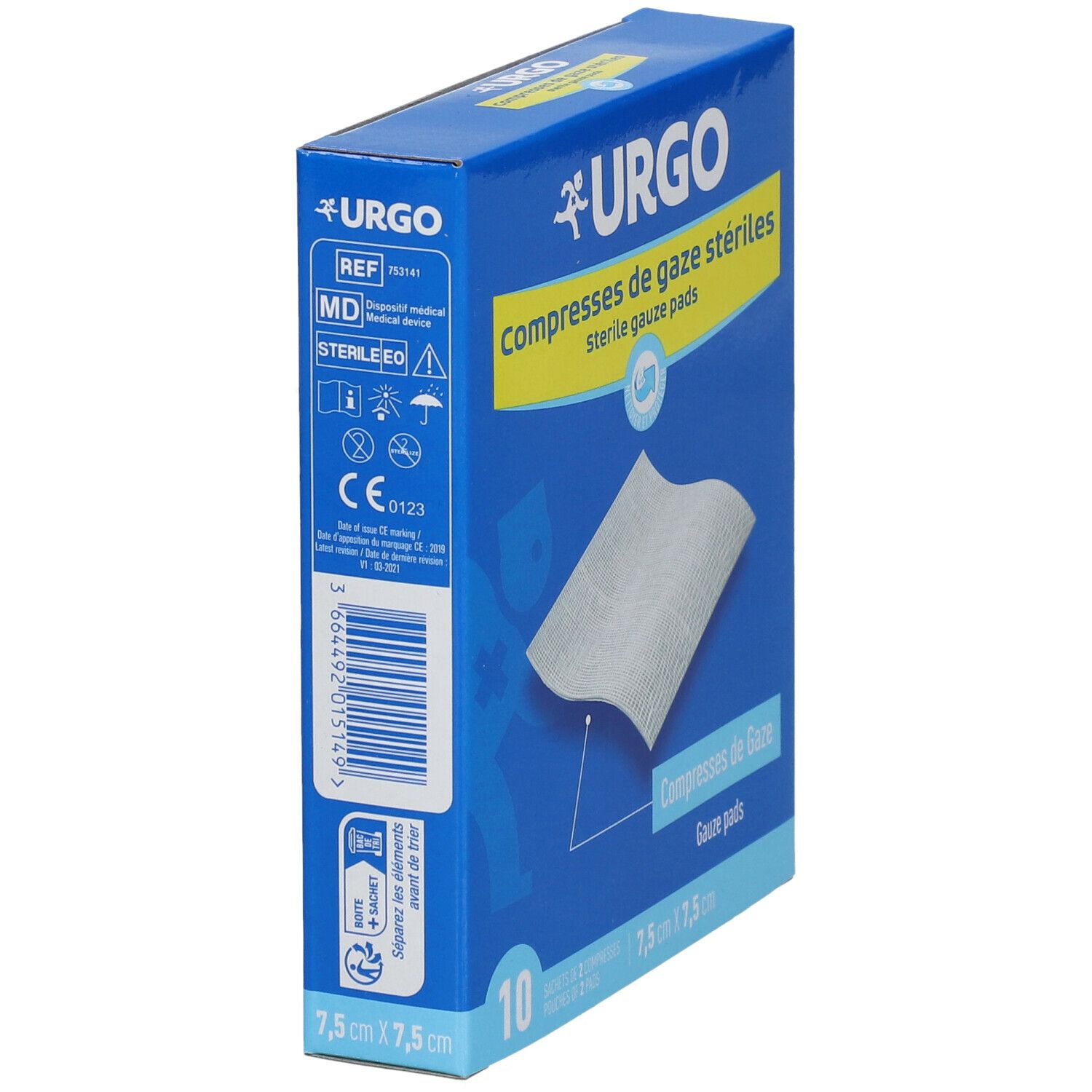 Blauwe Urgo-doos. Steriele gazen, 7,5 x 7,5 cm. 10 stuks. Schuine weergave.