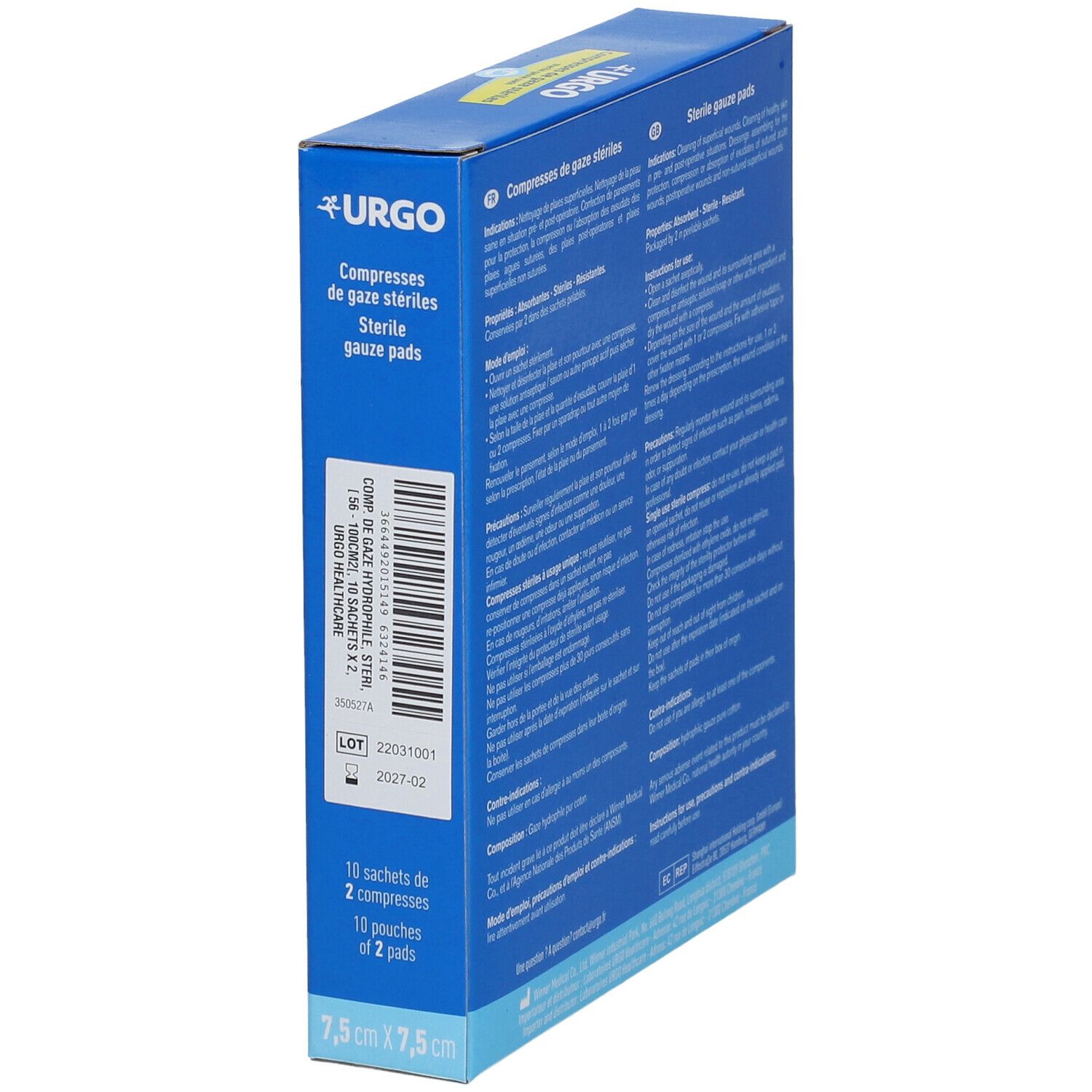 Blauwe Urgo-doos. Steriele gazen, 7,5 x 7,5 cm. 10 stuks. Zijaanzicht met barcode.