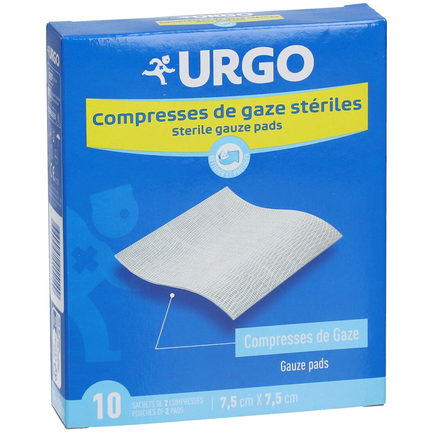 Blauwe Urgo-doos. Steriele gazen, 7,5 x 7,5 cm. 10 stuks. Productillustratie.