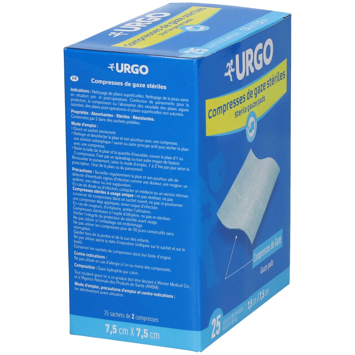 Blauwe doos met URGO-logo en tekst. Bevat 25 steriele gaasjes. Afmetingen: 7,5 cm x 7,5 cm. Gedrukte informatie.