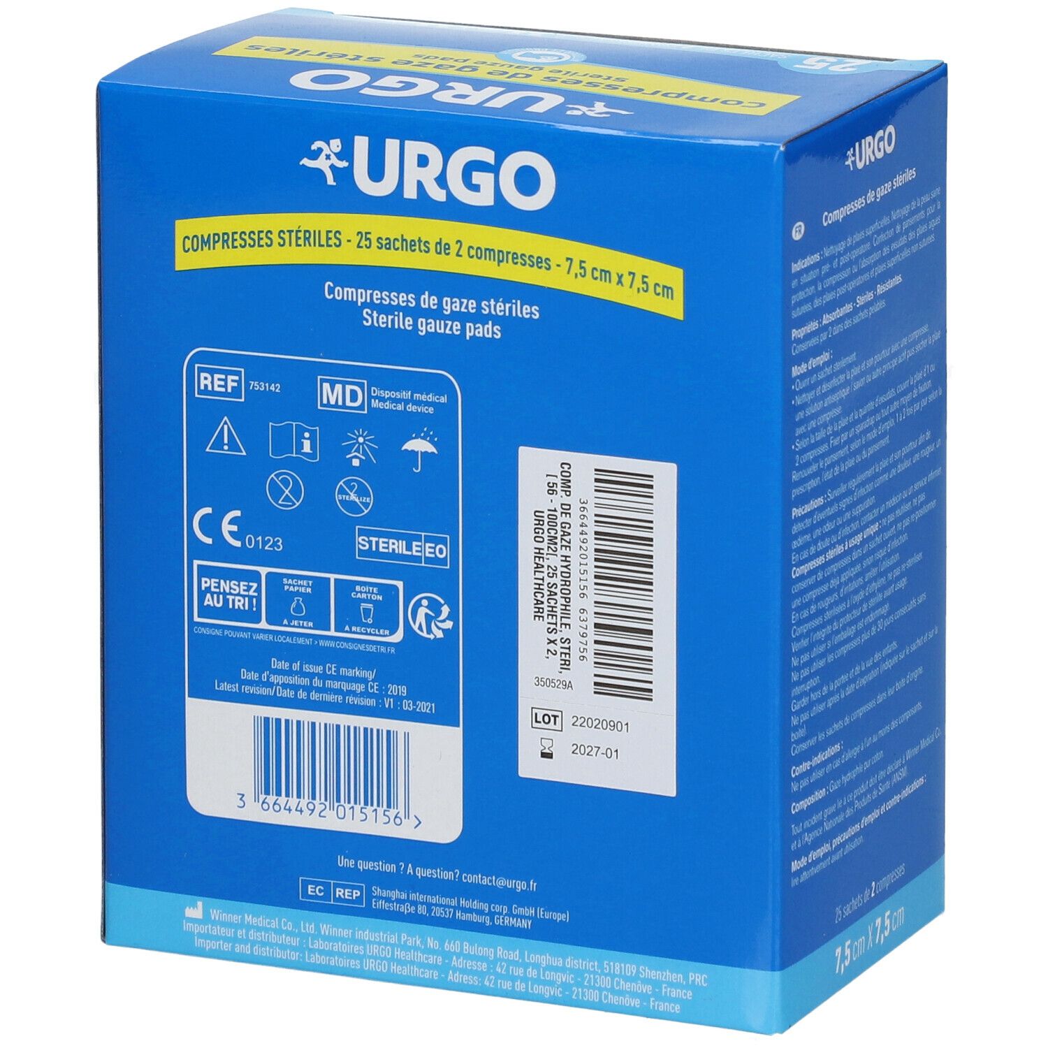 Achterkant blauwe doos met URGO-logo. Bevat 25 steriele gaasjes. CE-markering en lotnummer. Afmetingen: 7,5 cm x 7,5 cm.