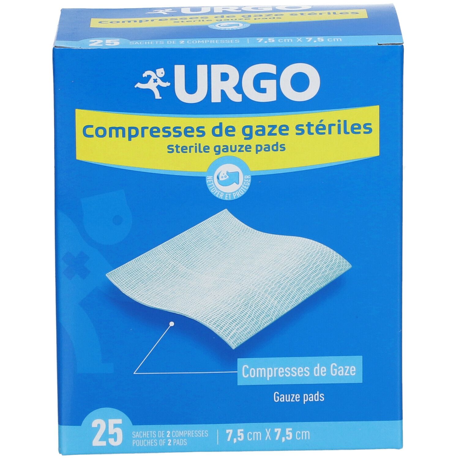 Blauwe doos met URGO-logo en 'Compresses de gaze stériles'. Bevat 25 steriele gaasjes. Afmetingen: 7,5 cm x 7,5 cm.