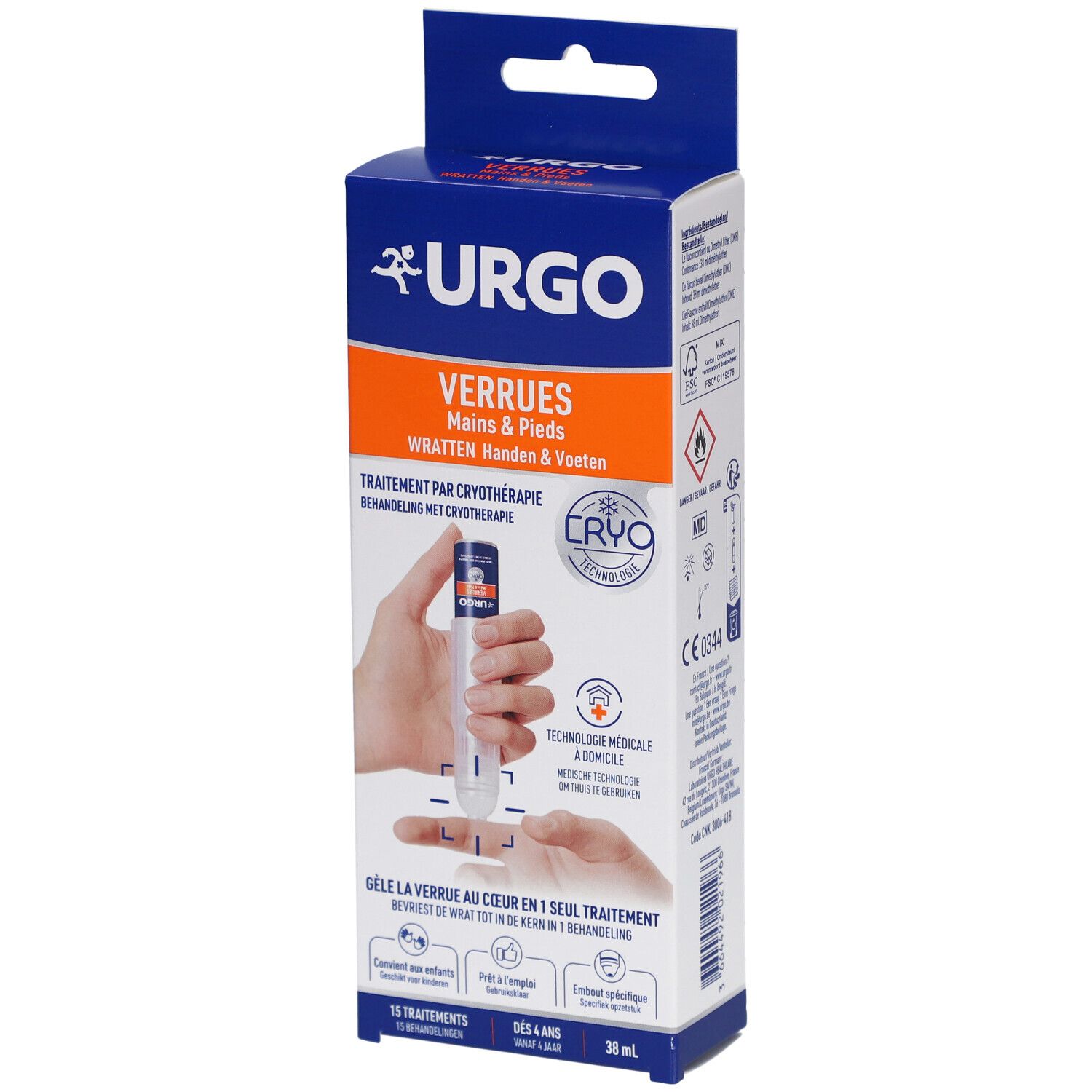 Boîte URGO Verrues Mains & Pieds. Produit et mains. Texte : Traitement par cryothérapie. Technologie médicale à domicile.