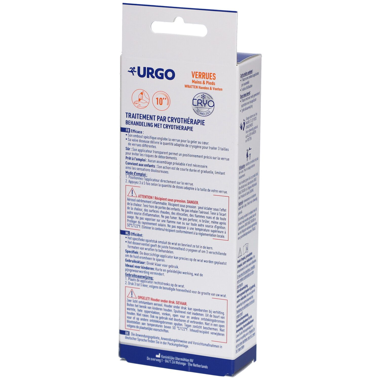 Dos de la boîte URGO Verrues Mains & Pieds. Texte : Traitement par cryothérapie. Informations sur le produit.