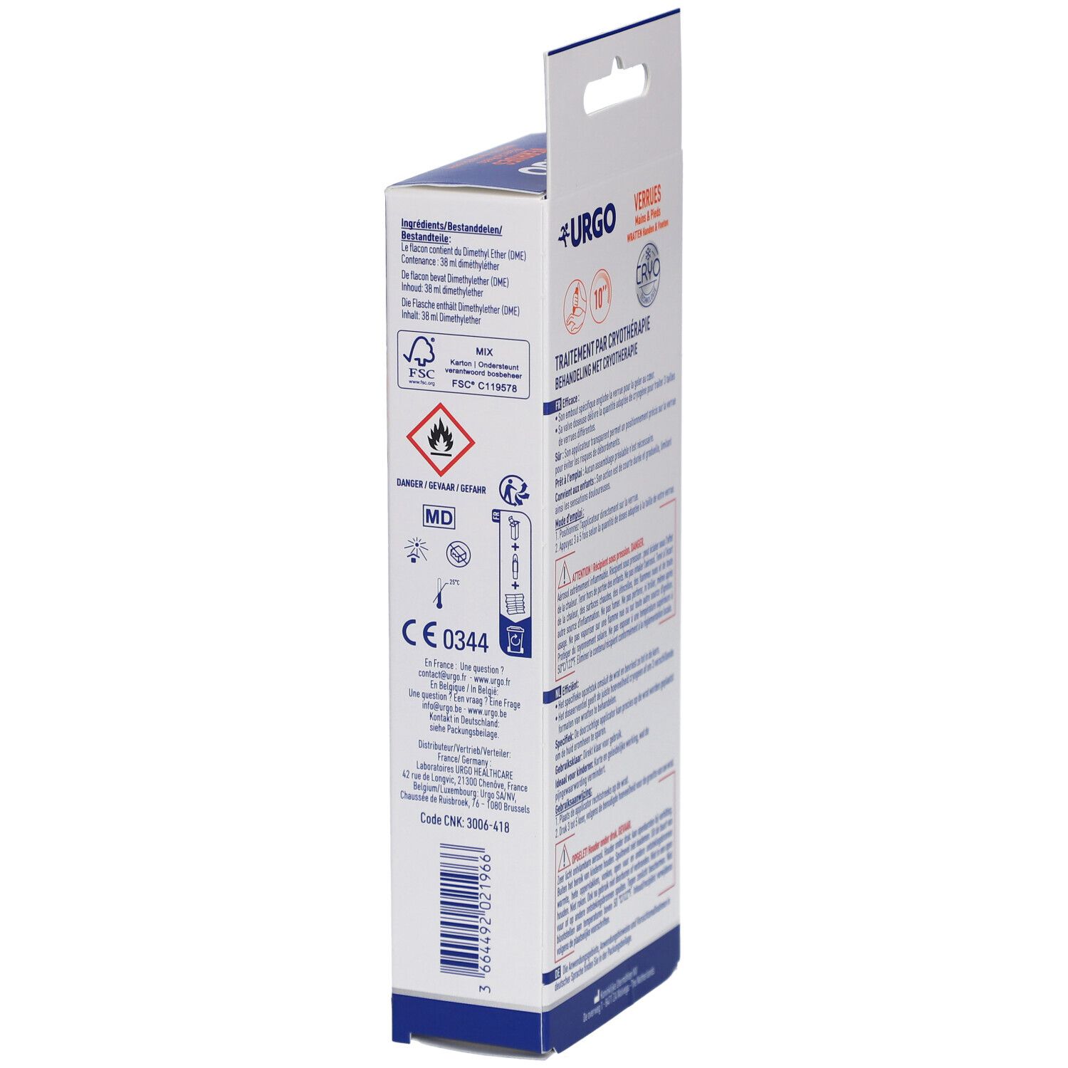 Vue latérale de la boîte URGO Verrues Mains & Pieds. Texte : Traitement par cryothérapie. Informations sur le produit.