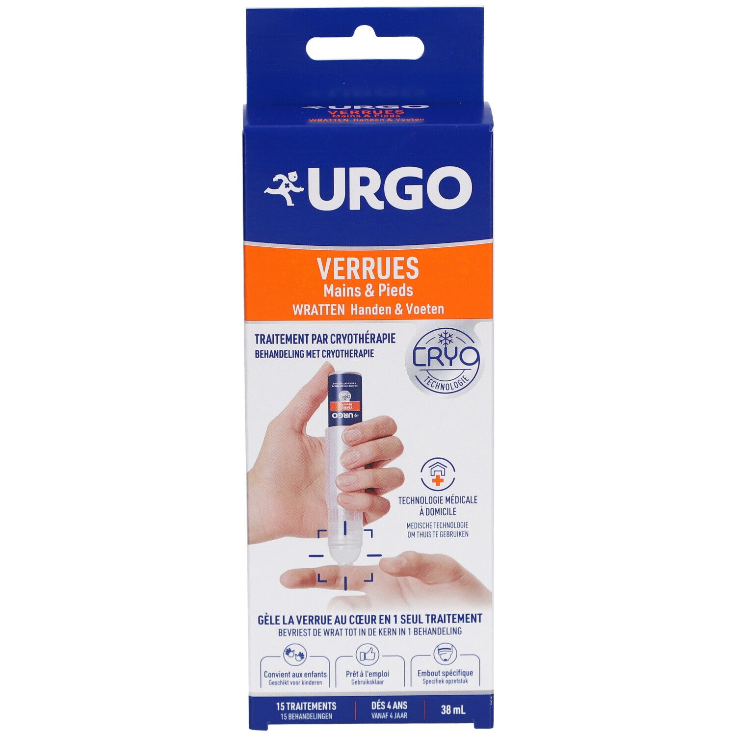 Boîte URGO Verrues Mains & Pieds. Produit et mains. Texte : Traitement par cryothérapie. Technologie médicale à domicile.
