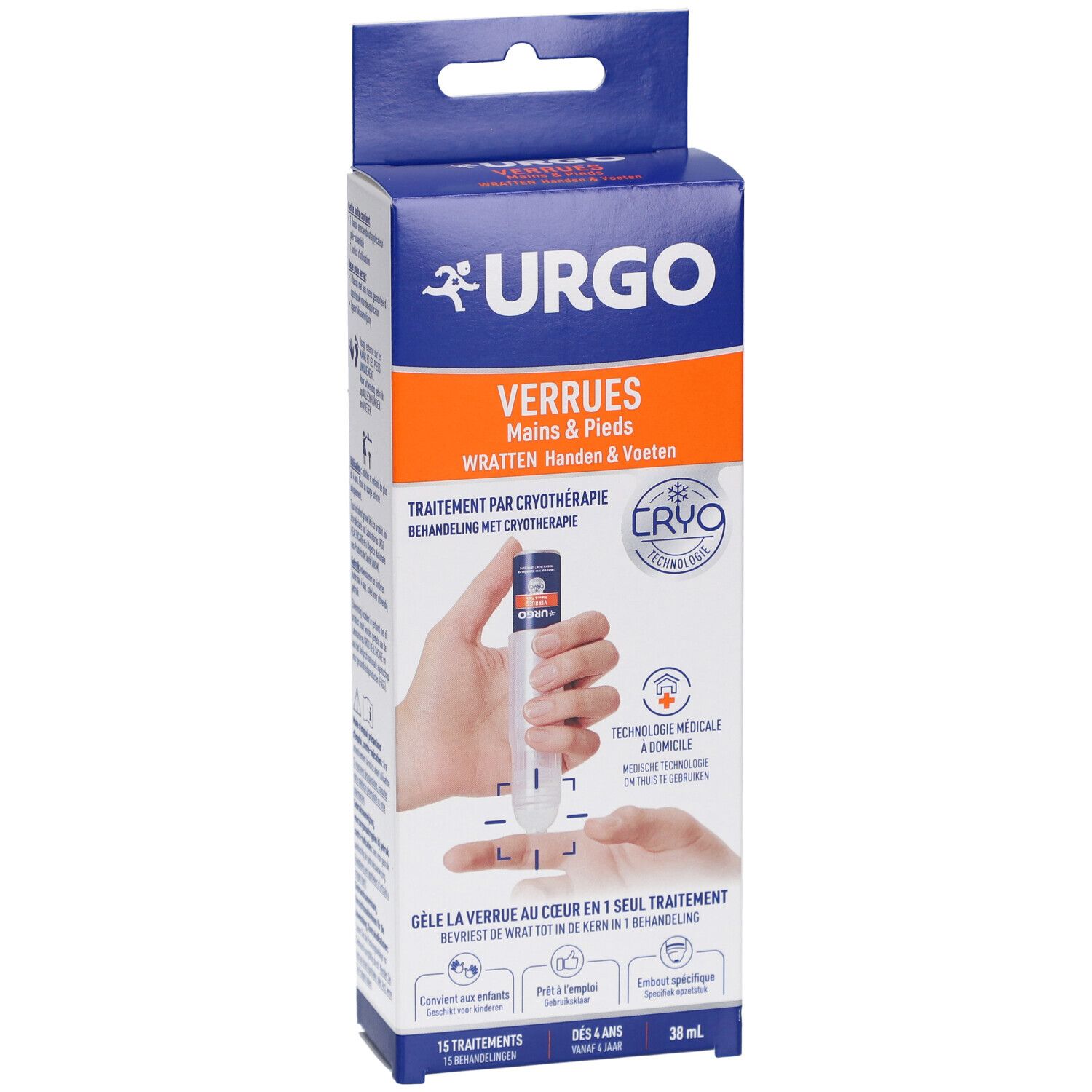 Boîte URGO Verrues Mains & Pieds. Produit et mains. Texte : Traitement par cryothérapie. Technologie médicale à domicile.
