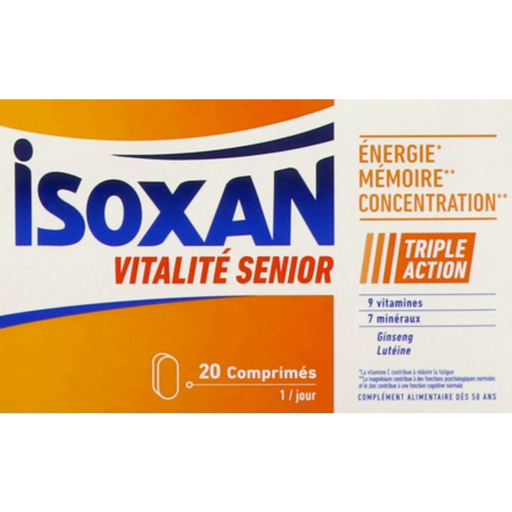 Boîte Isoxan Vitalité Senior. Design orange et blanc. Contient 20 comprimés. Texte : Énergie, Mémoire, Concentration. Triple Action.