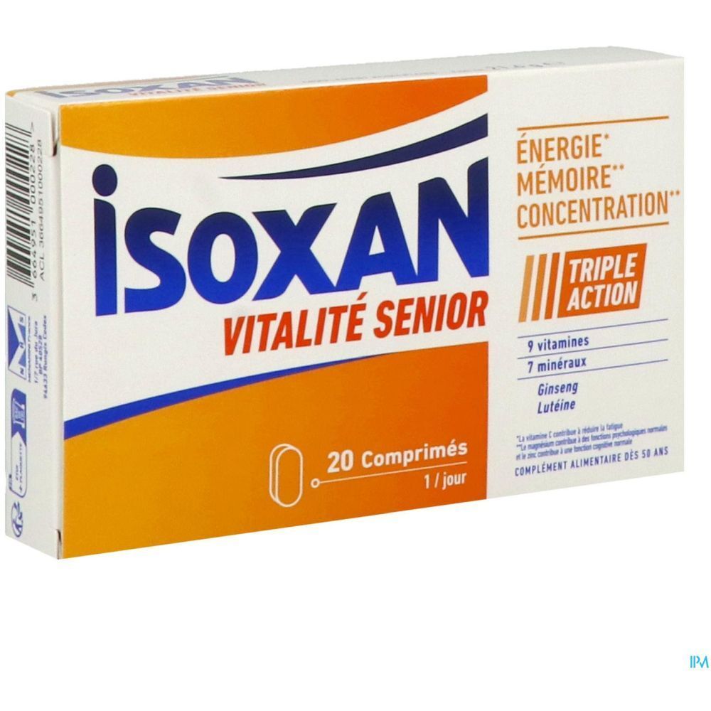 Boîte Isoxan Vitalité Senior. Design blanc et orange. Contient 20 comprimés. Texte : Énergie, Mémoire, Concentration. Triple Action.