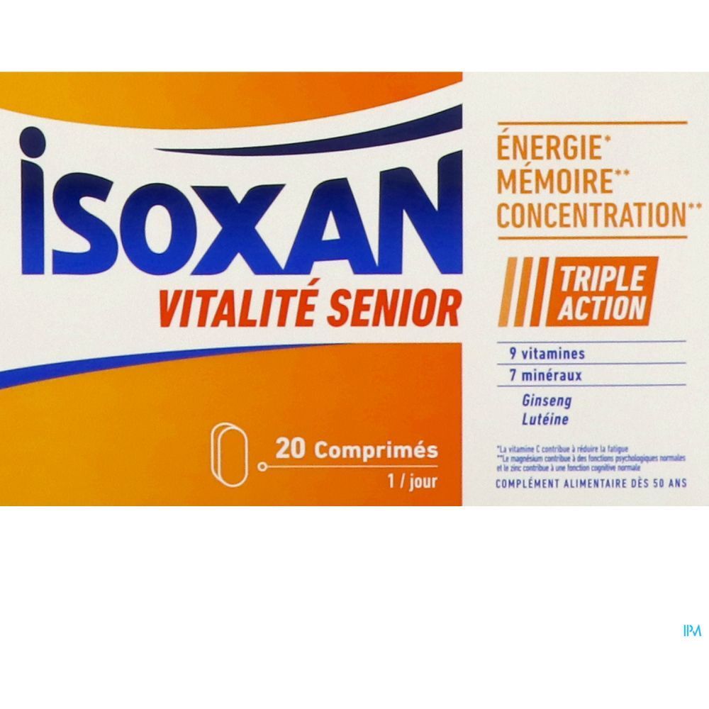 Boîte Isoxan Vitalité Senior. Design orange et blanc. Contient 20 comprimés. Texte : Énergie, Mémoire, Concentration. Triple Action.