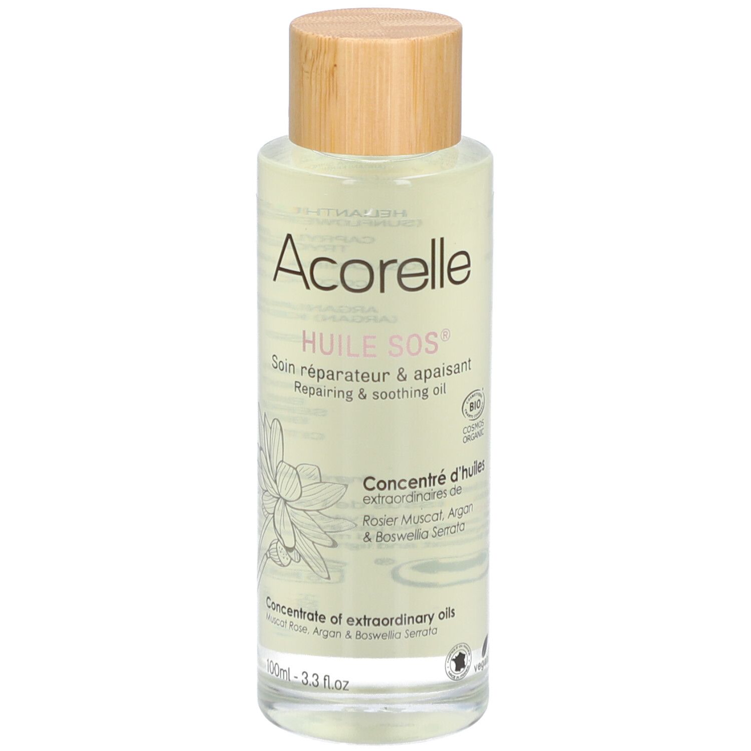 Flacon en verre transparent avec bouchon en bois. Inscription: Acorelle, Huile SOS, Soin réparateur & apaisant. Label Bio.