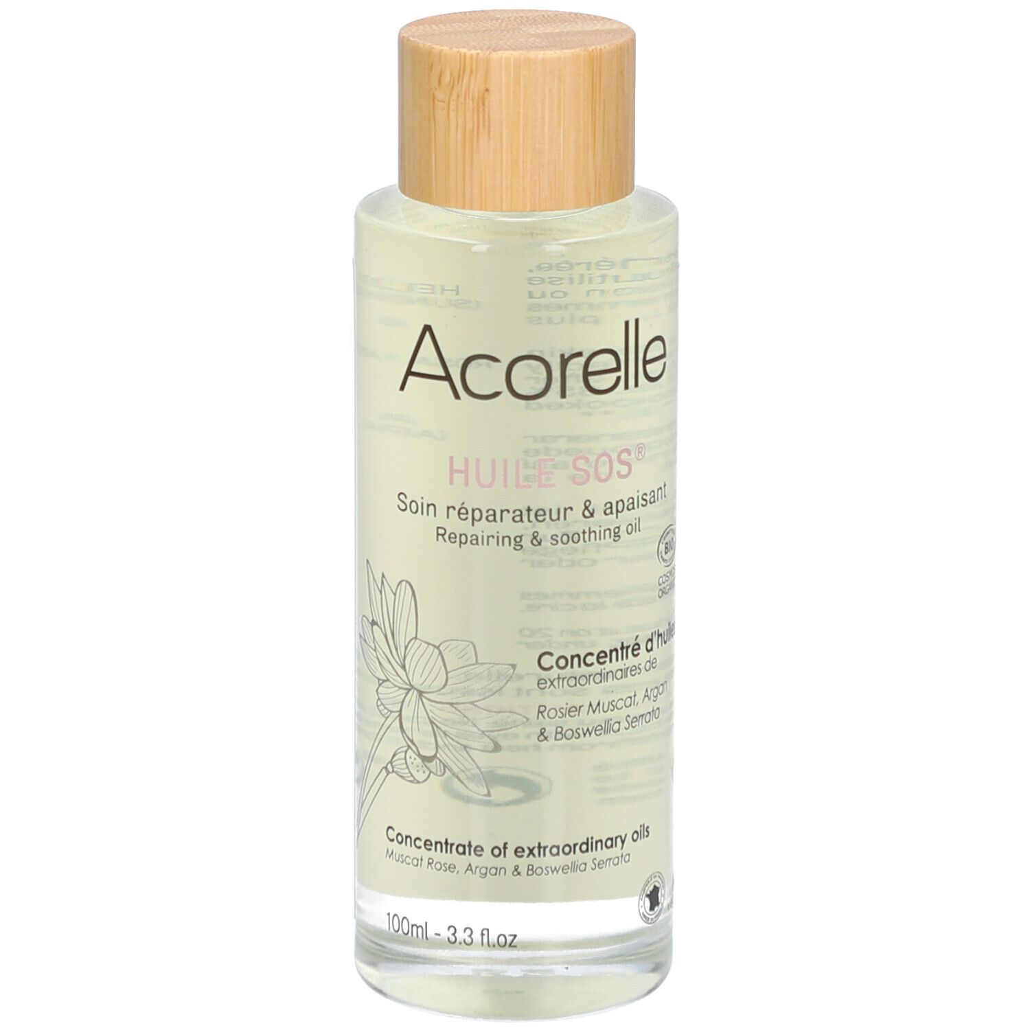 Flacon en verre transparent avec bouchon en bois. Inscription: Acorelle, Huile SOS, Soin réparateur & apaisant. Label Bio.