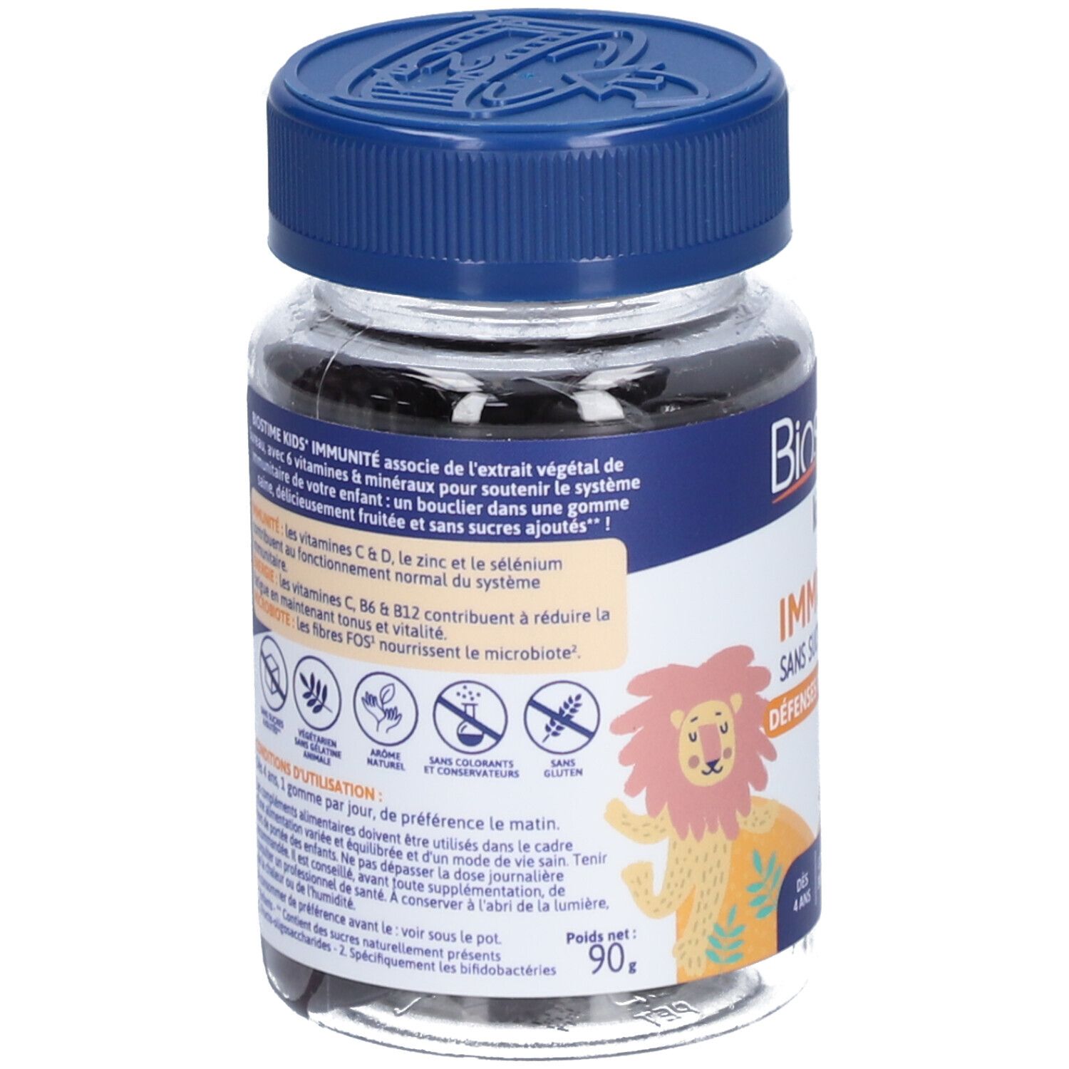 Flacon transparent de gommes noires. Bouchon bleu. Étiquette avec informations produit et dessin de lion.