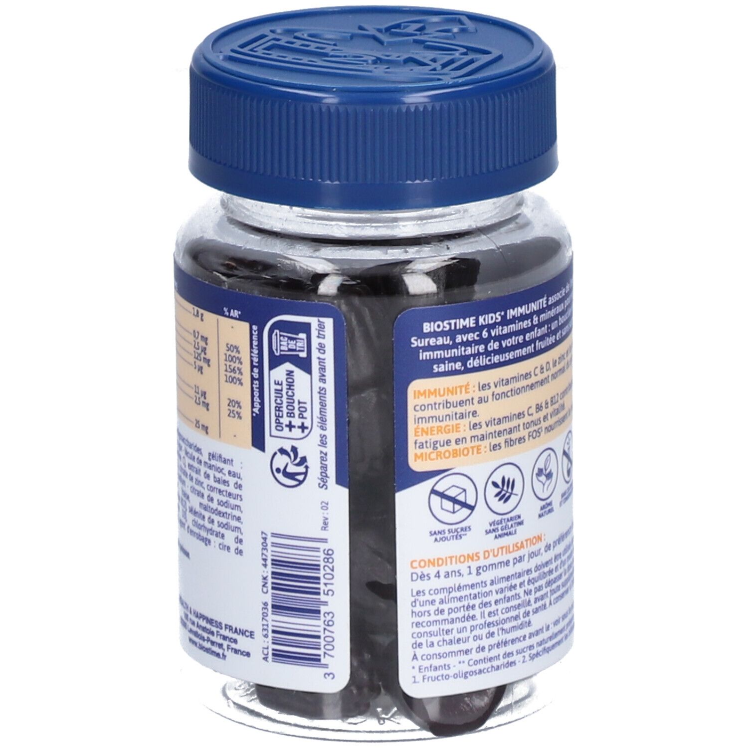 Flacon transparent de gommes noires. Bouchon bleu. Étiquette avec informations produit et tableau nutritionnel.