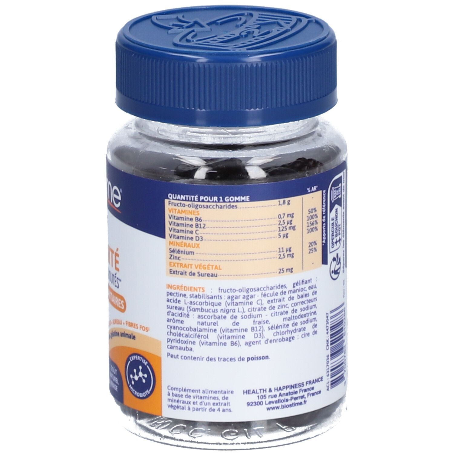 Flacon de gommes noires. Bouchon bleu. Étiquette avec informations produit, tableau nutritionnel et ingrédients.