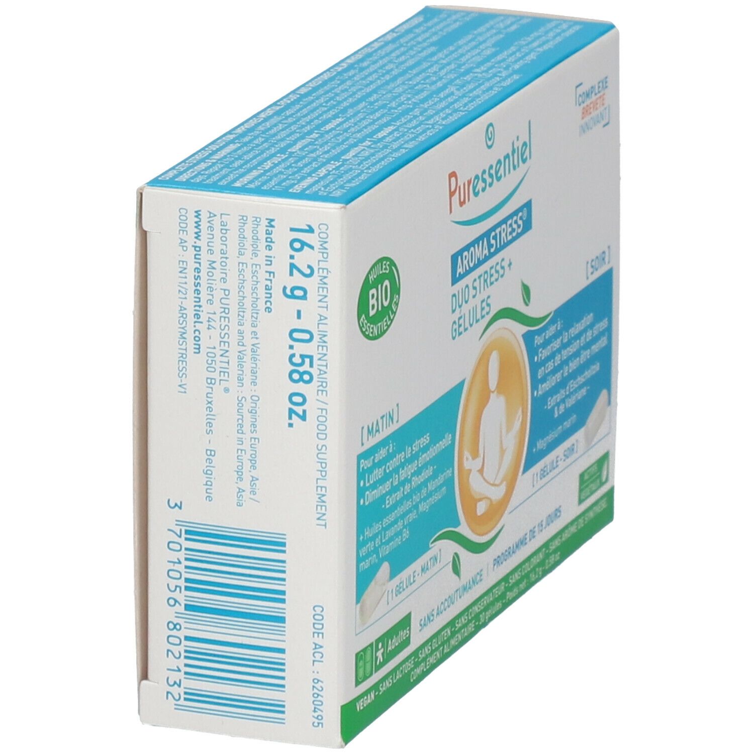 Vue oblique de l'emballage Puressentiel AROMA STRESS® Gélules Duo Stress +. Informations sur les ingrédients et le poids.
