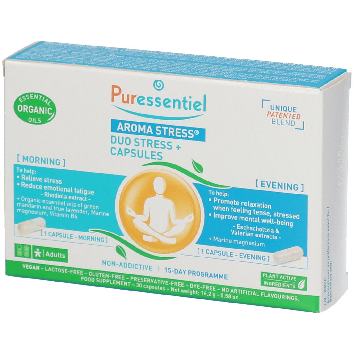 Boîte de Puressentiel AROMA STRESS® Duo Stress + Capsules. Contient des gélules pour le matin et le soir. Label Bio.