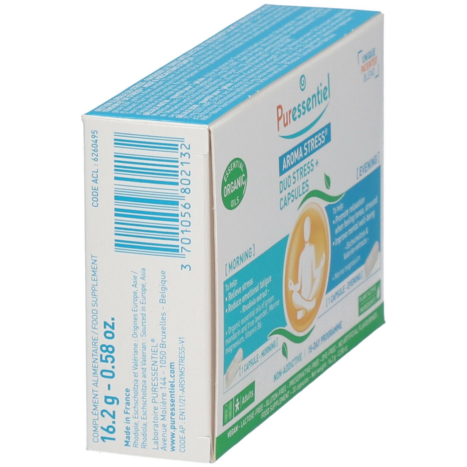 Vue oblique de l'emballage Puressentiel AROMA STRESS® Duo Stress + Capsules. Informations sur les ingrédients et le poids.