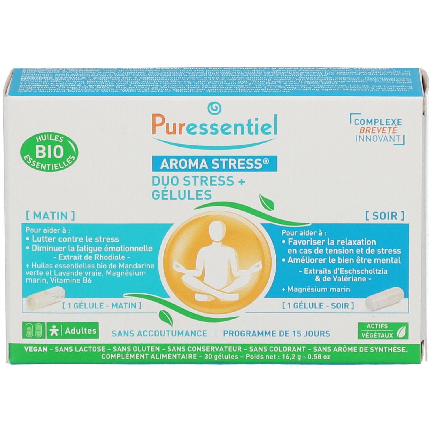 Boîte de Puressentiel AROMA STRESS® Gélules Duo Stress +. Contient des gélules pour le matin et le soir. Label Bio.