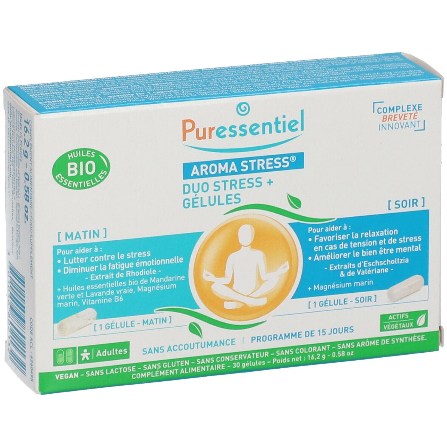 Boîte de Puressentiel AROMA STRESS® Gélules Duo Stress +. Contient des gélules pour le matin et le soir. Label Bio.