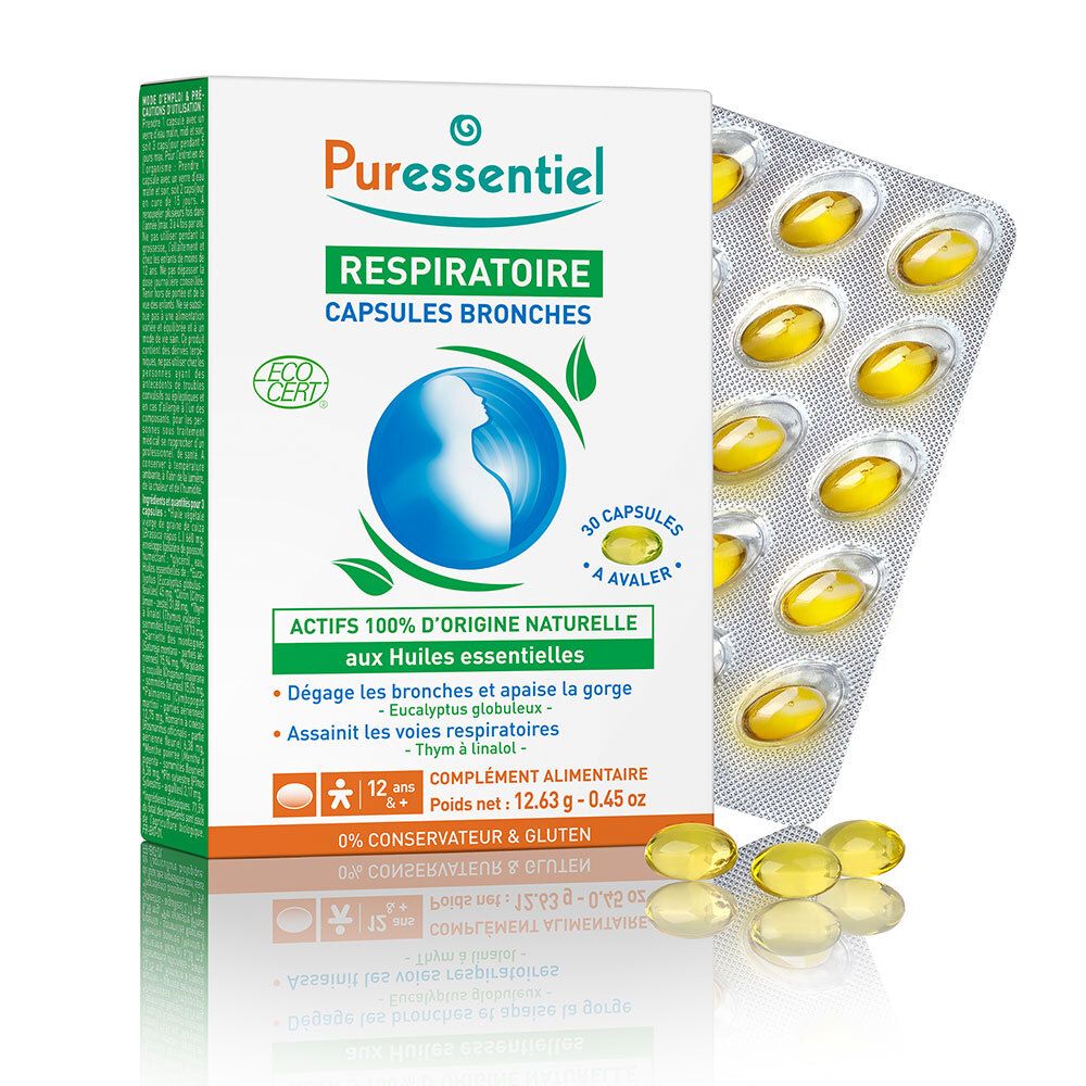 Schachtel und Blisterpackung mit gelben Kapseln. Aufschrift: PURESSENTIEL RESPIRATOIRE CAPSULES BRONCHES. 30 Kapseln.