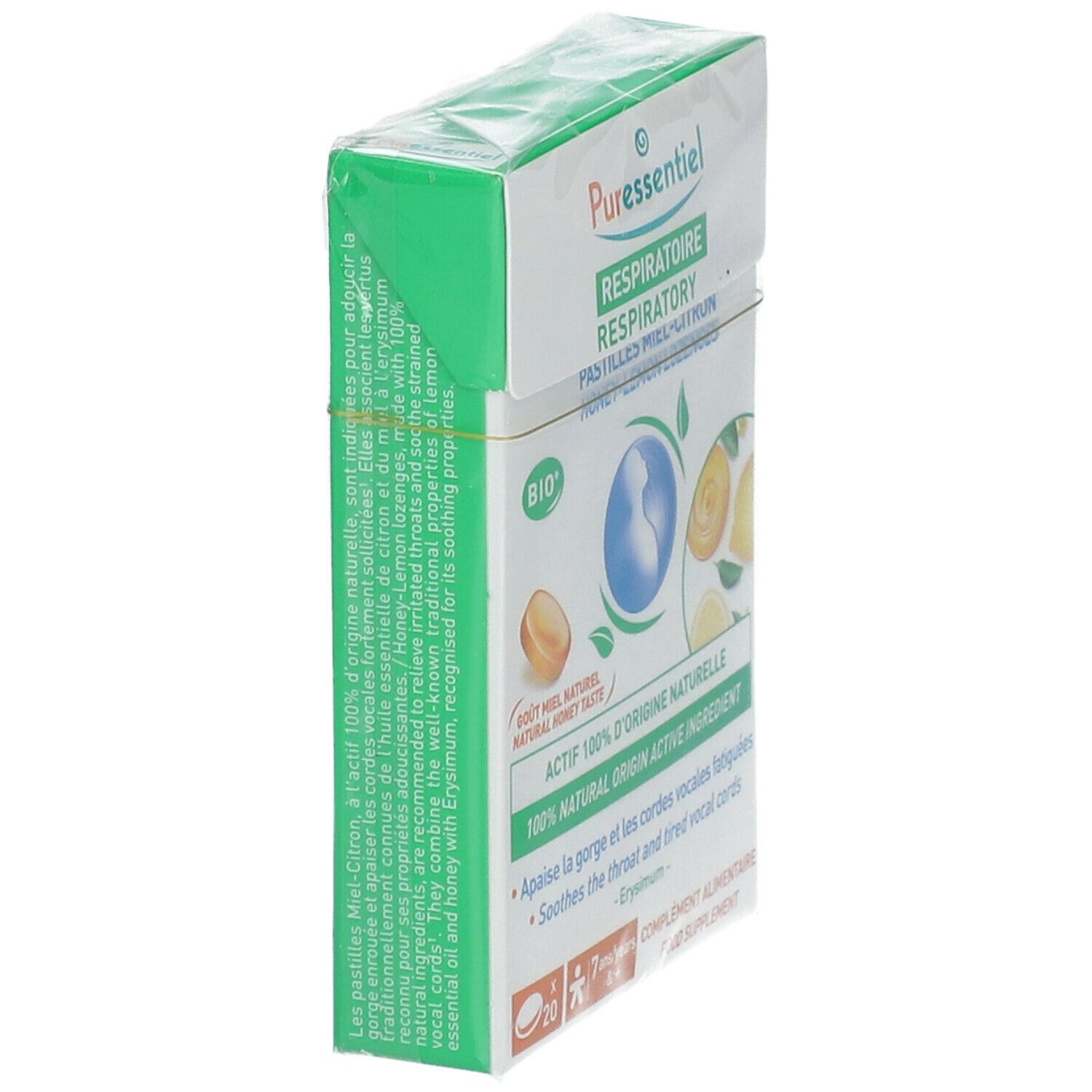 Boîte de pastilles. Inscription: RESPIRATOIRE, Pastilles Miel-Citron. Label Bio. Vue de côté.