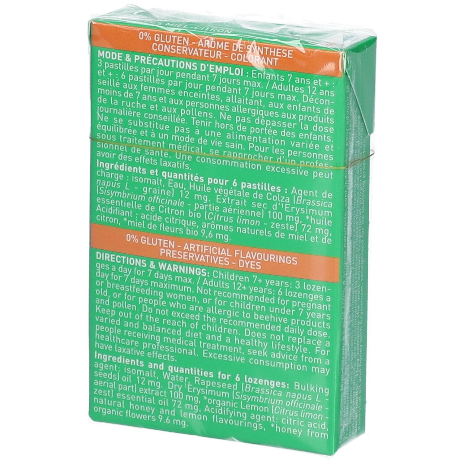 Dos de la boîte de pastilles. Texte sur l'utilisation et les ingrédients. 0% gluten, arômes, conservateurs.