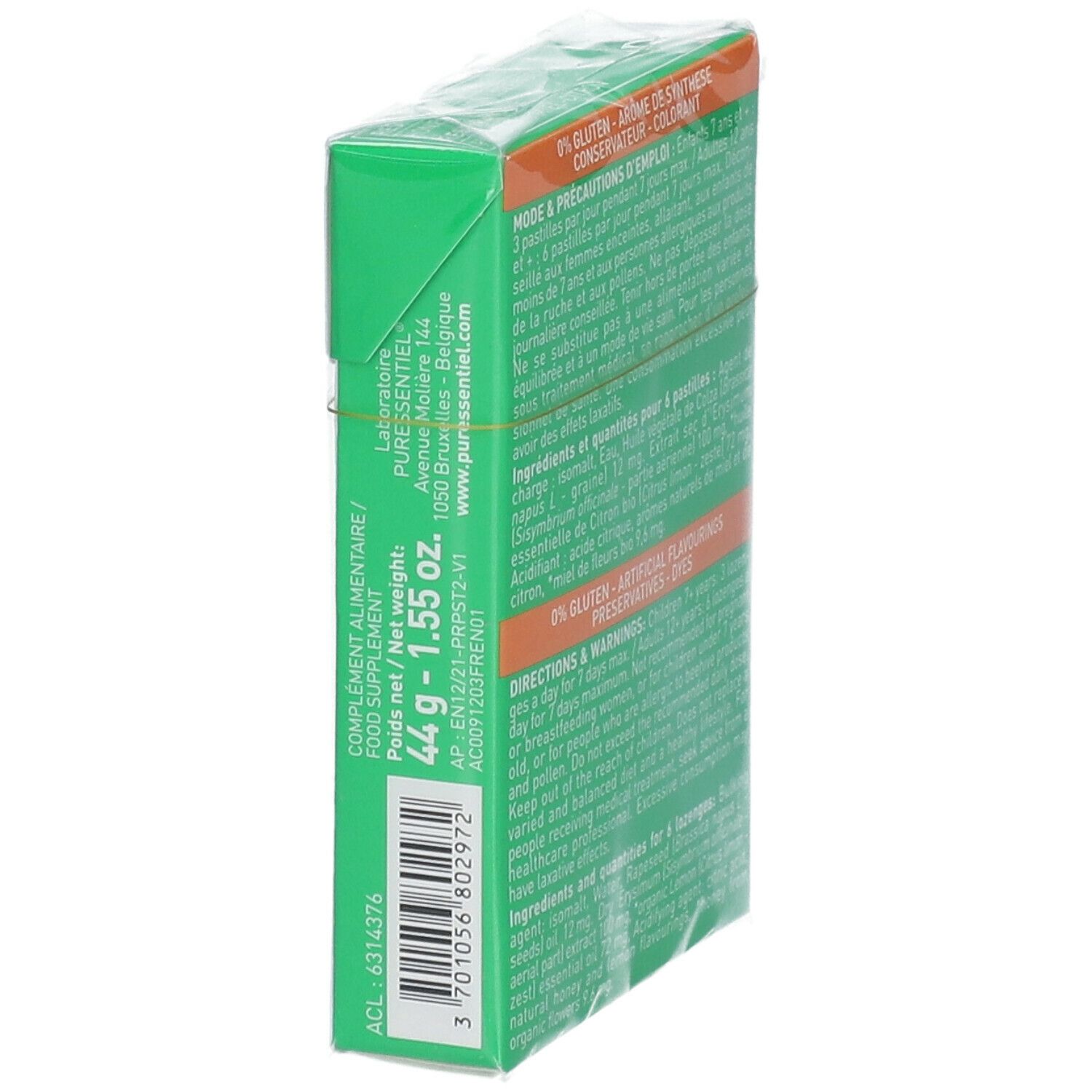 Dos de la boîte de pastilles. Texte sur les ingrédients et le fabricant. Poids : 44 g - 1.55 oz.