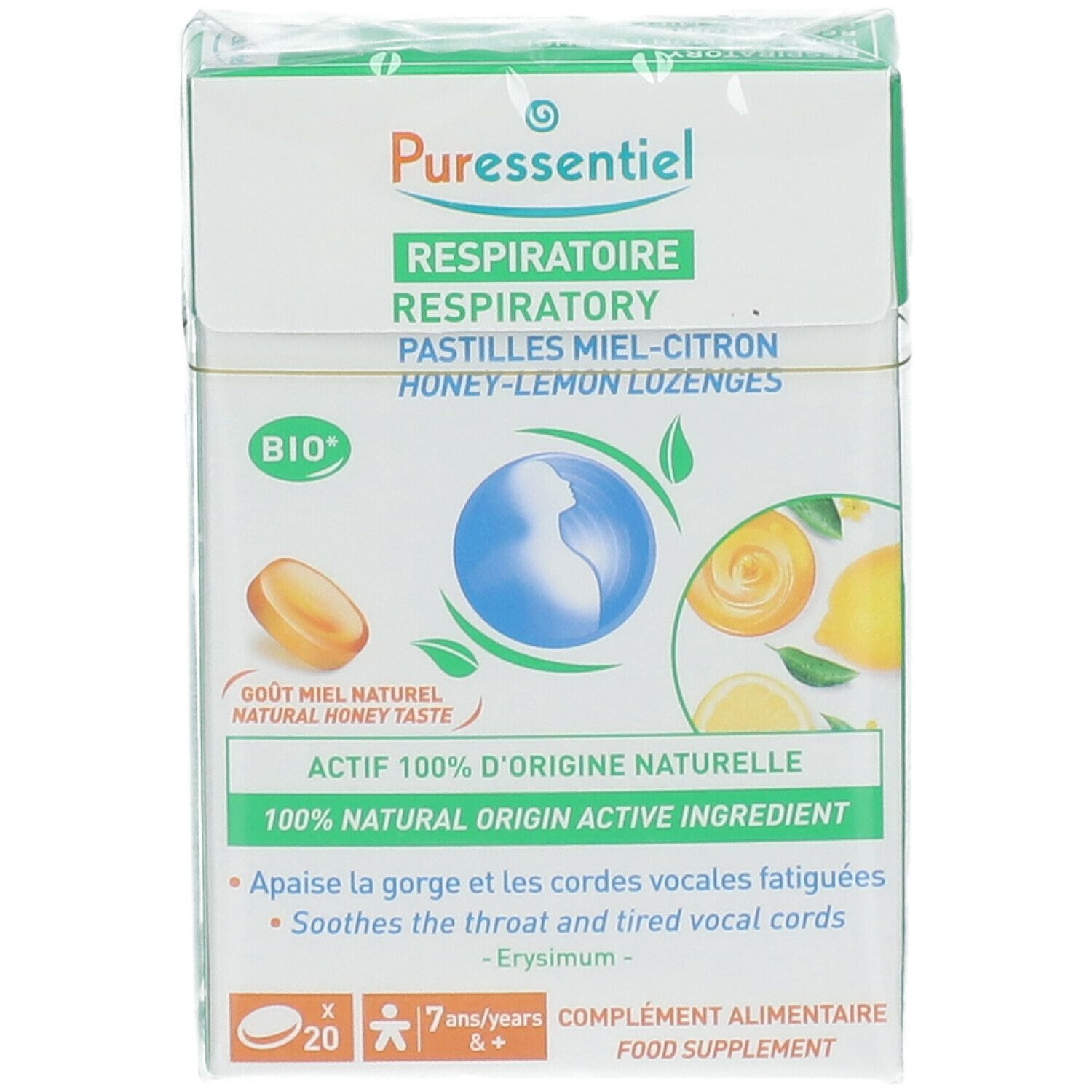 Boîte de pastilles. Inscription: RESPIRATOIRE, Pastilles Miel-Citron. Label Bio. Contient 20 pastilles.