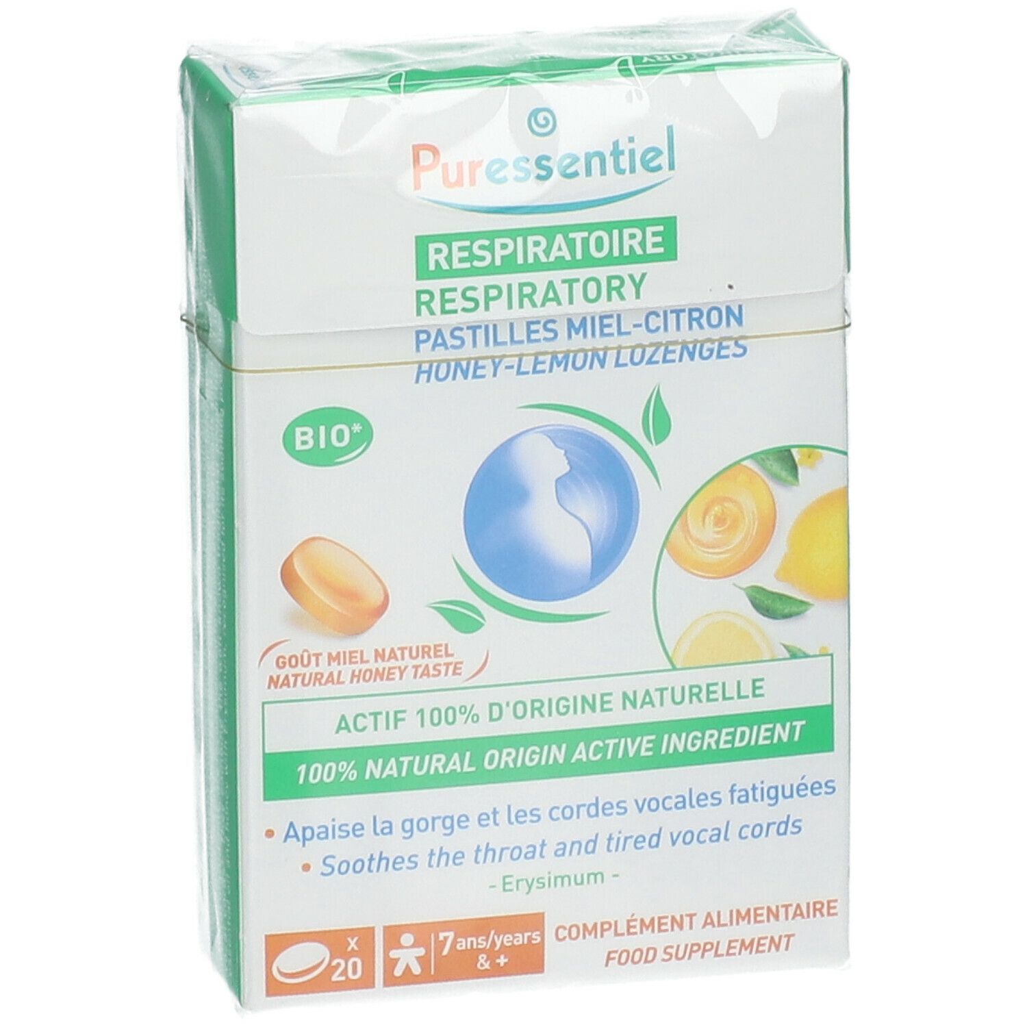 Boîte de pastilles. Inscription: RESPIRATOIRE, Pastilles Miel-Citron. Label Bio. Contient 20 pastilles.