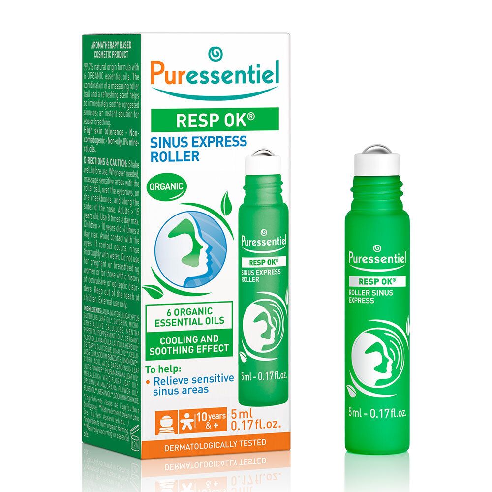Flacon vert avec bouchon blanc. Inscription: RESP OK, Roller Sinus Express. 5 ml.