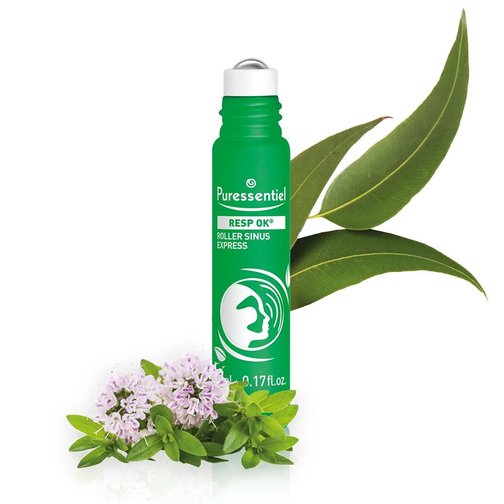 Flacon vert avec bouchon blanc. Inscription: RESP OK, Roller Sinus Express. 5 ml.