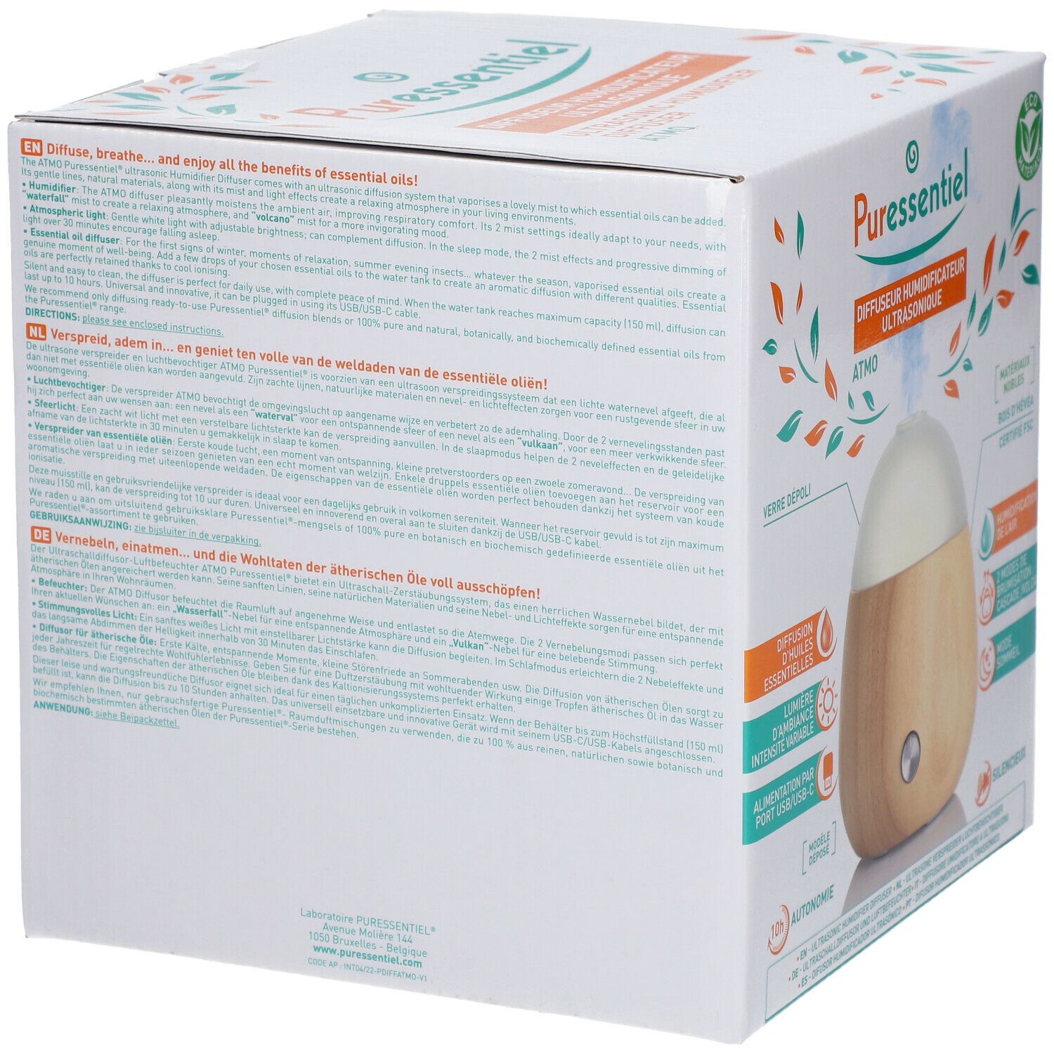 Dos de la boîte du diffuseur humidificateur ultrasonique ATMO. Texte multilingue. Image du produit.