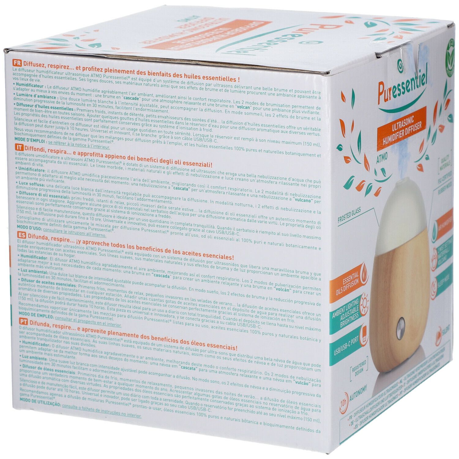 Dos de la boîte du diffuseur humidificateur ultrasonique ATMO. Texte multilingue. Image du produit.