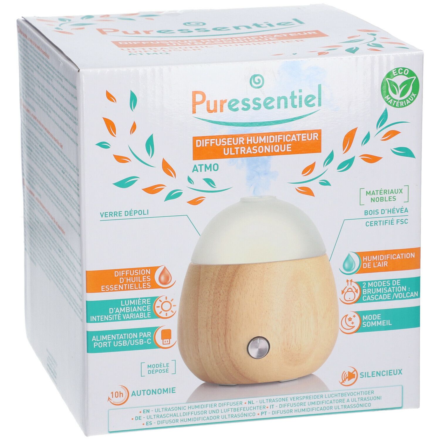 Vue de face du diffuseur humidificateur ultrasonique ATMO. Diffuseur blanc et bois. Sur l'emballage.