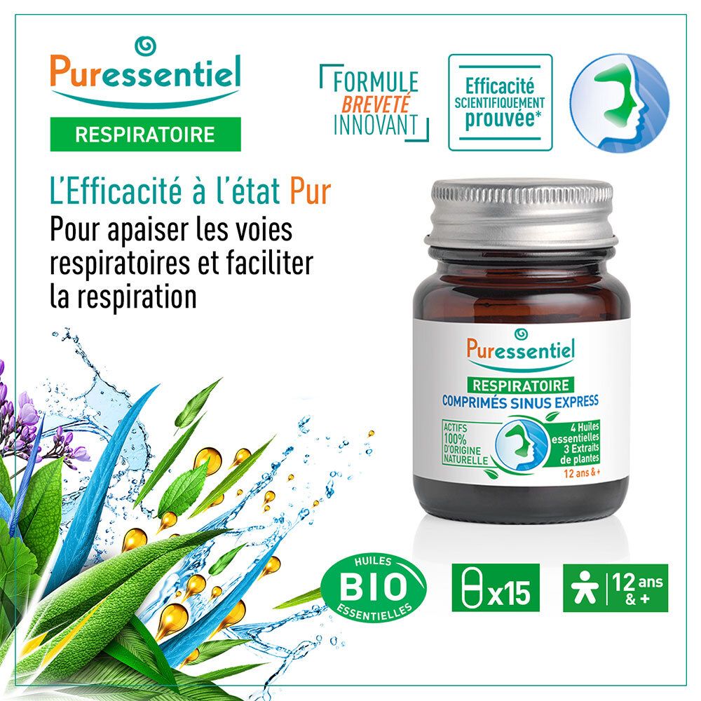 Flacon en verre brun. Inscription: Puressentiel, RESPIRATOIRE, COMPRIMÉS SINUS EXPRESS. 12+ ans. Label Bio.